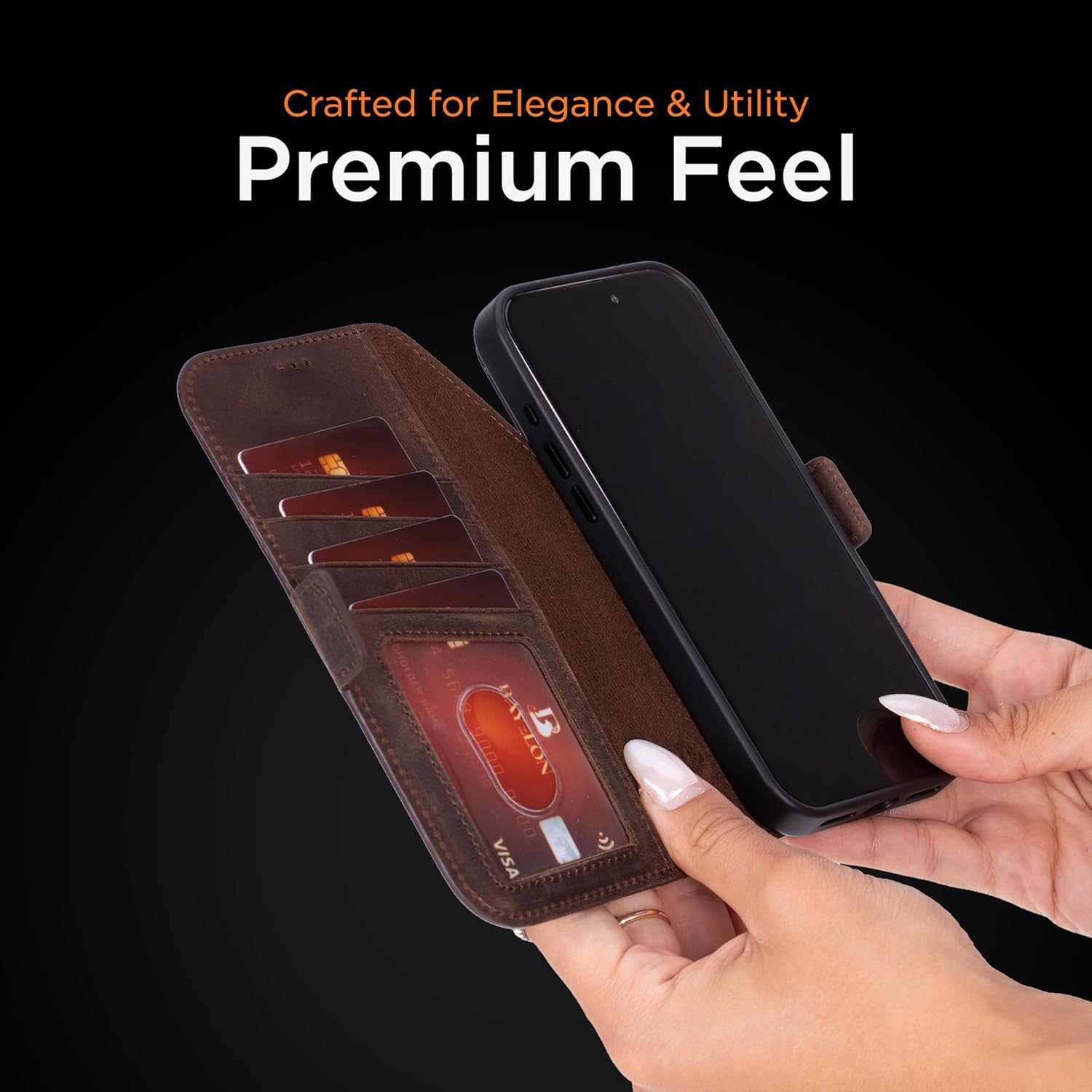 Bayelon Leather Wallet Case for iPhone 17 Pro Max 6.9", Flip Cover Card Holder, Genuine Leather Case, Kickstand Folio Case, MagSafe Compatible Shockproof Flip Cover, RFID Blocking -Dark Brown