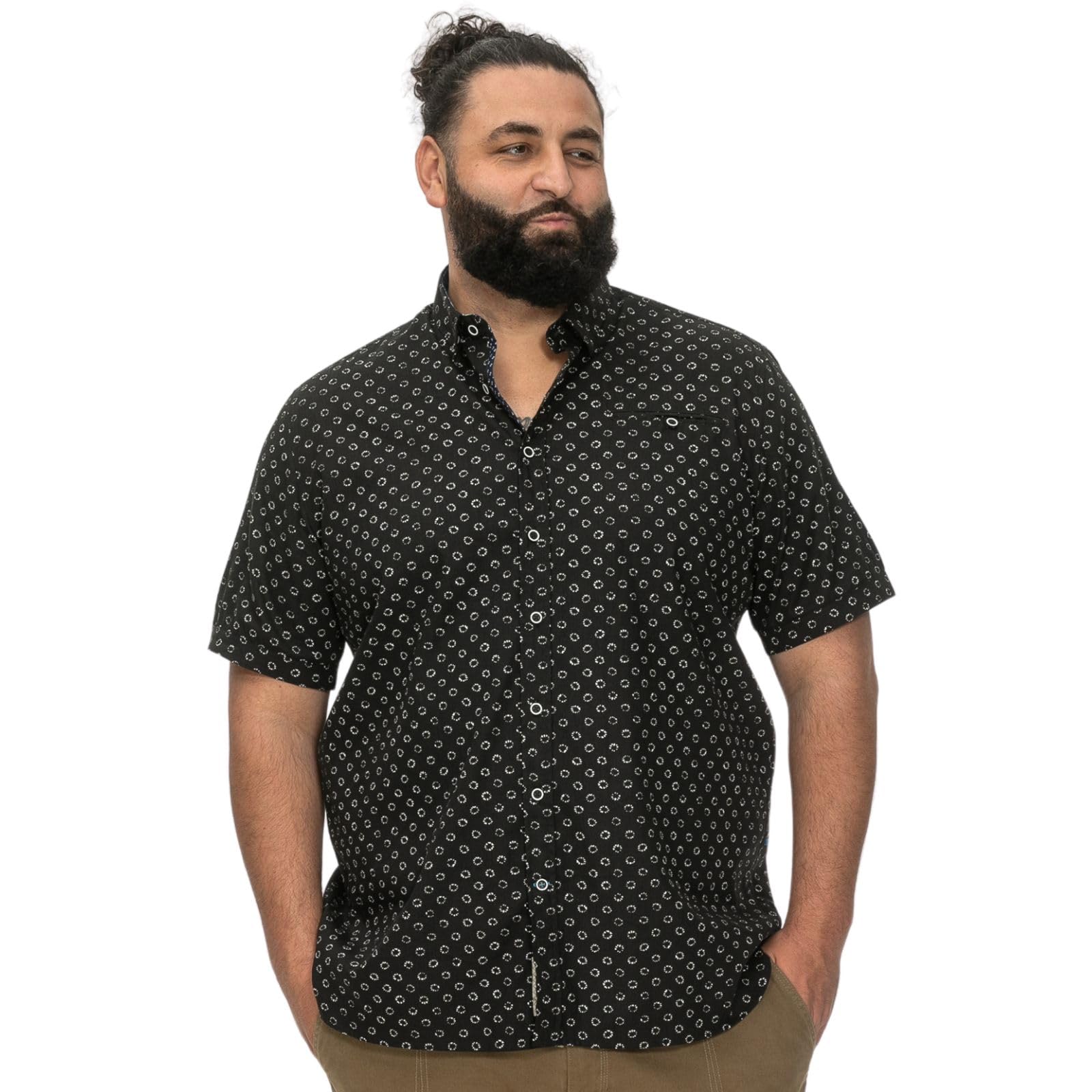D555 Men's Black Short Sleeve All Over Printed Shirt Collared Button Up 3XL-6Xl Matlock (Uk, Alpha, 4XL, Plus, Regular, )