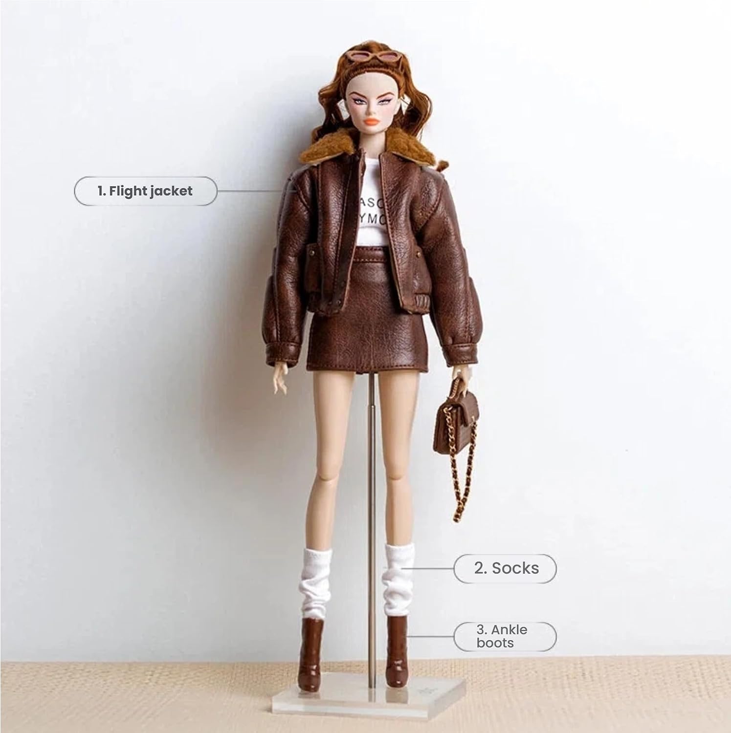Fashion Doll Outfit Set with Brown Flight Jacket, Mini Skirt, White Socks and Ankle Boots for 11.5-12 Inch Dolls, 1/6 Scale BJD Doll Clothes (Brown Flight Jacket)