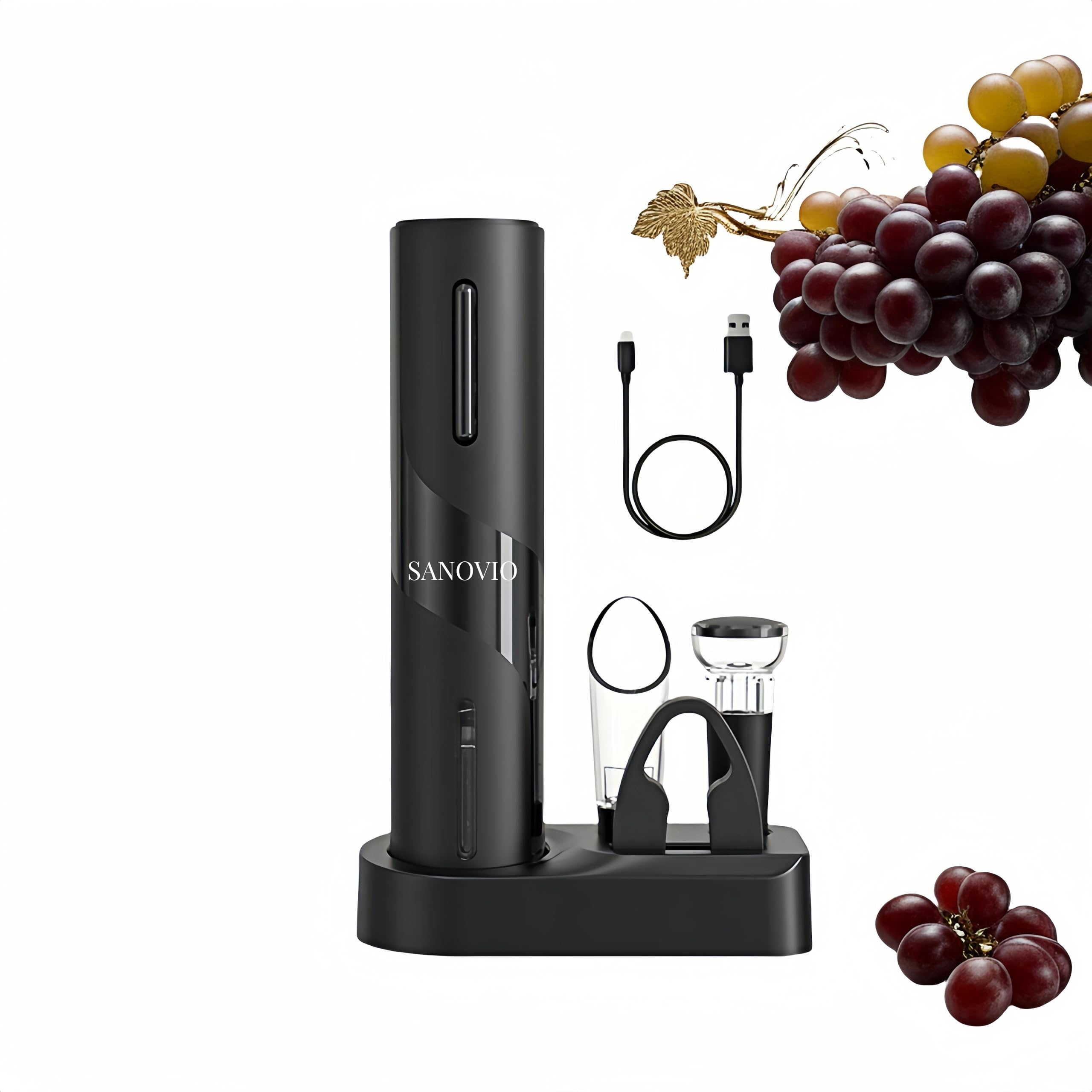 SANOVIO 6-in-1 Electric Wine Bottle Opener Set with Pourer,Foil Cutter, Stopper,Storage base Rechargeable USB-C Wine Opener Kit for Weddings, Restaurant, Outdoor Party, Wine Serving System(Black)