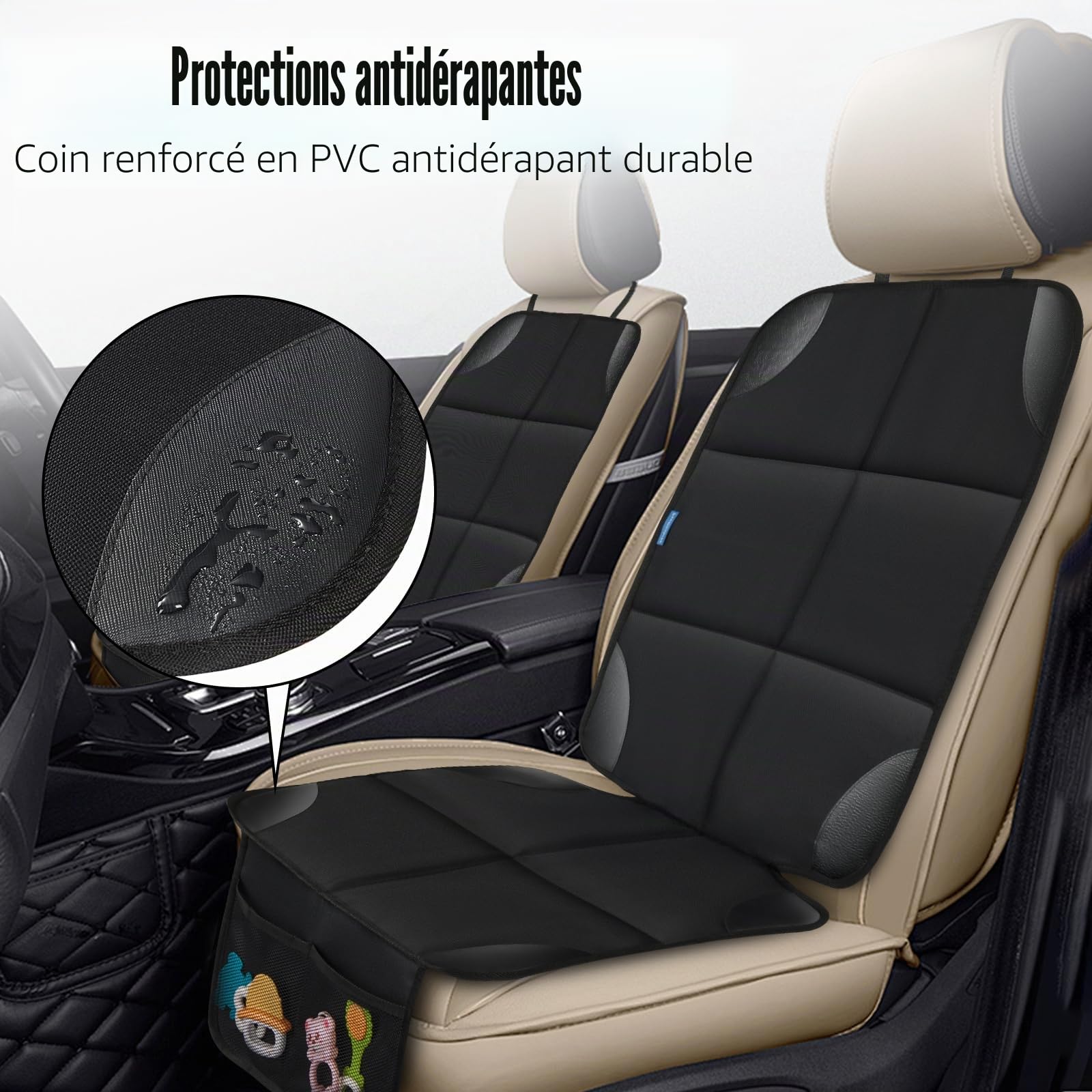 Protection Siege Voiture pour Enfant Imperméable et Antidérapant avec 2 Maille Poches de Rangement, Compatible ISOFIX, pour Berline, SUV, Coffre, en Cuir Et Tissu, Noir (2 Pièce)
