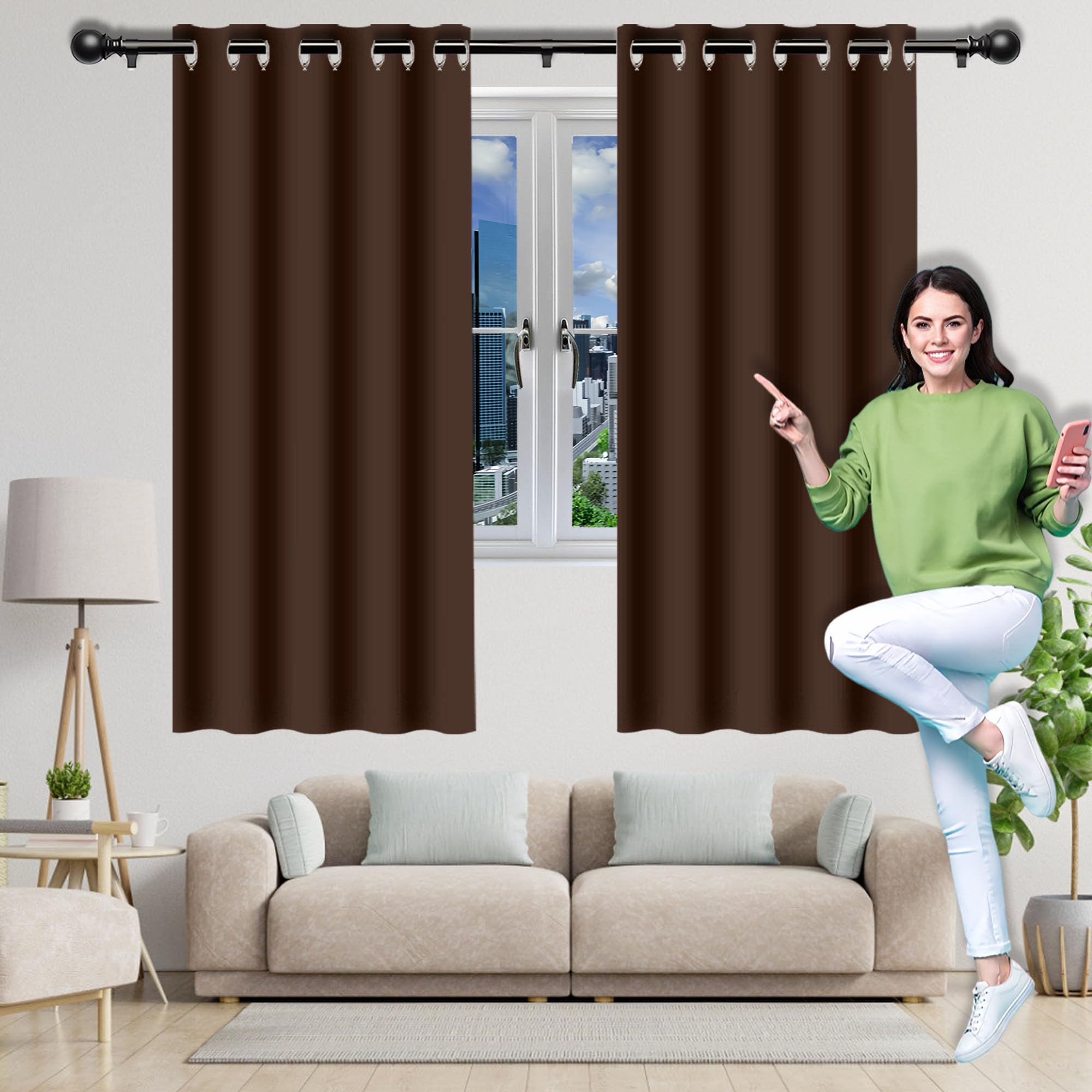 Blackout Curtain for Living Room 124 x 168 cm Thermal Insulated Energy Saving Eyelet Curtain & Drapes for Small Windows Kitchen Bedroom, Brown