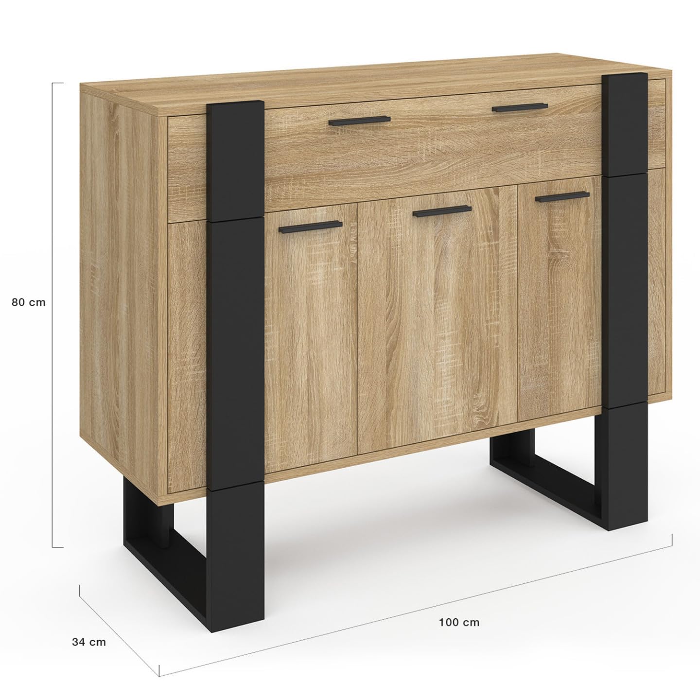 IDMarket - Mueble aparador Phoenix 100 cm con 3 puertas y 1 cajón, madera y negro