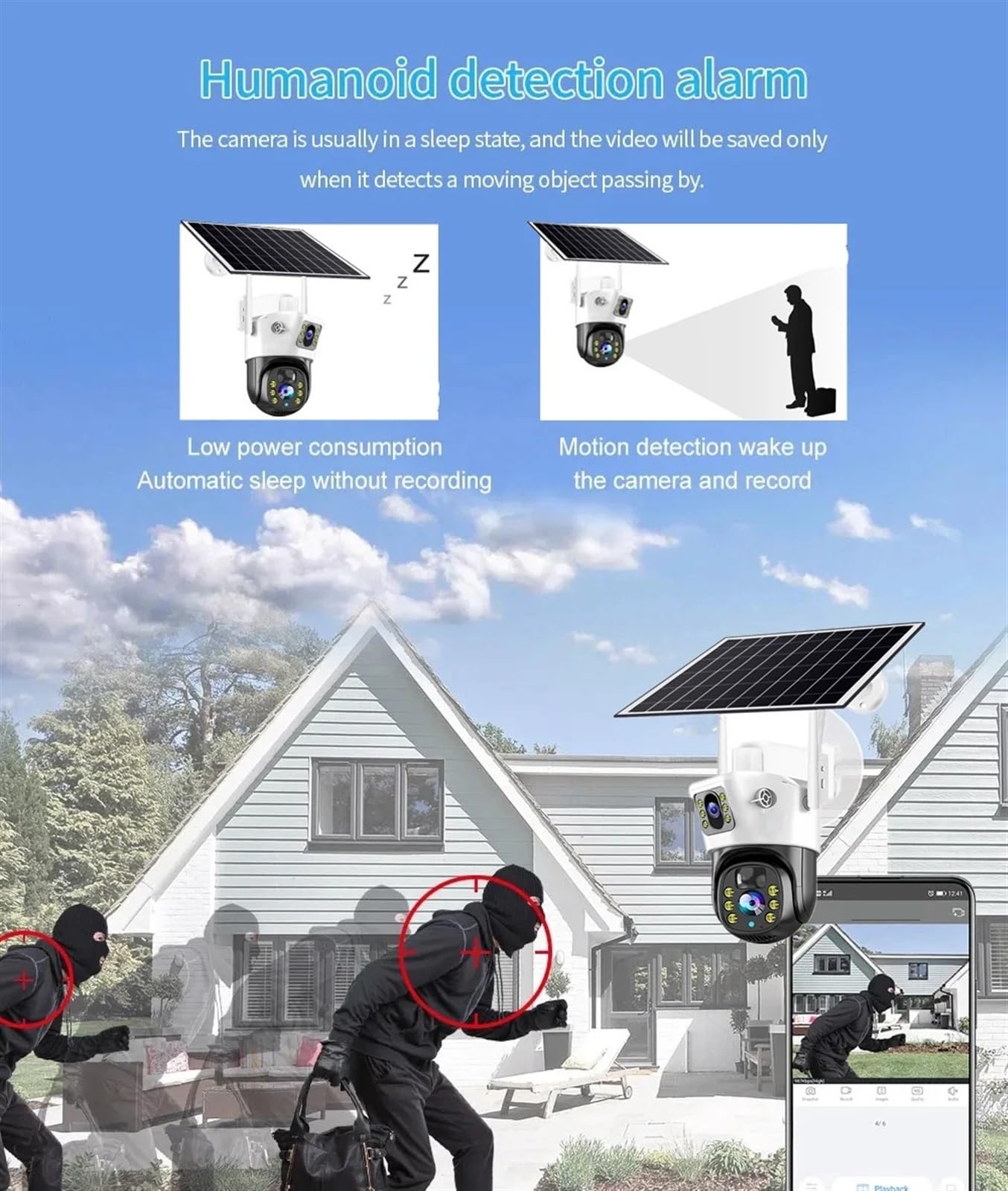 Telecamera Wifi Esterno, Telecamera HD da 4MP/8MP Telecamera IP solare PTZ wireless esterna Telecamera di videosorveglianza con batteria incorporata Telecamera impermeabile ,Sicurezza, Antifurto(4MP W