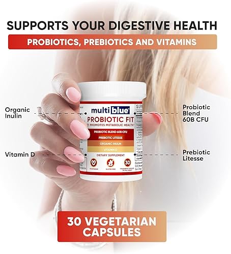Miniatura 6 de MultiBlue Probióticos para mujeres y hombres, 30 cápsulas, vitamina D3, Bifidobacterium Lactis B-420, prebiótico, salud intestinal, 60 mil millones