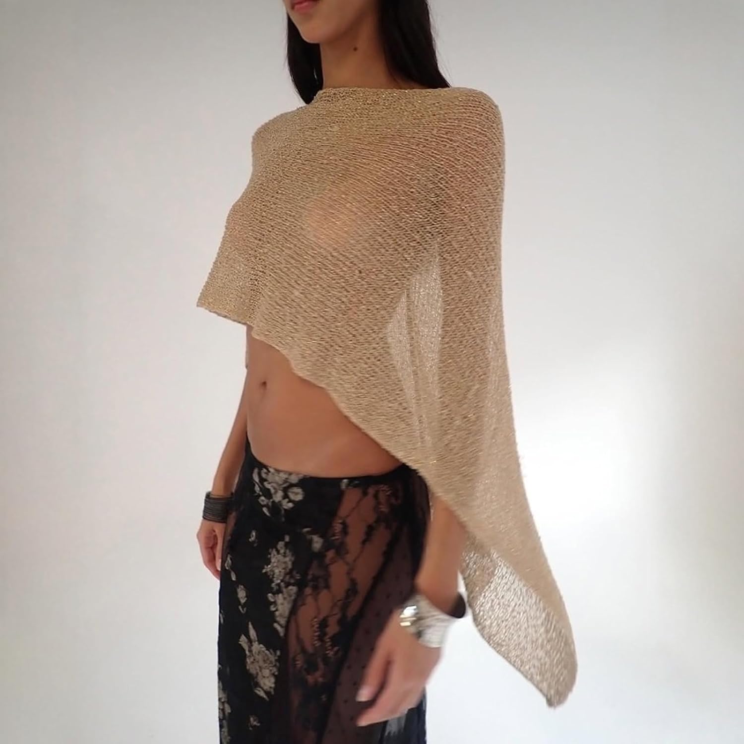 Sheer Poncho Knit Gold Ponchos Top for Women Crochet Knitted Shimmer Asymmetrical Shawl Trendy Summer Nude Shoulder Net - Image 4
