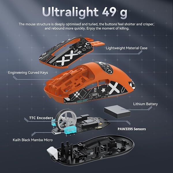 ATTACK SHARK X3 - Ratón superligero de 49 g con cinta, sensor de juegos PixArt PAW3395, BT/2.4G, mouse inalámbrico para juegos con cable, 6 DPI ajustables 26000, batería de 200 horas, ratones de - 5