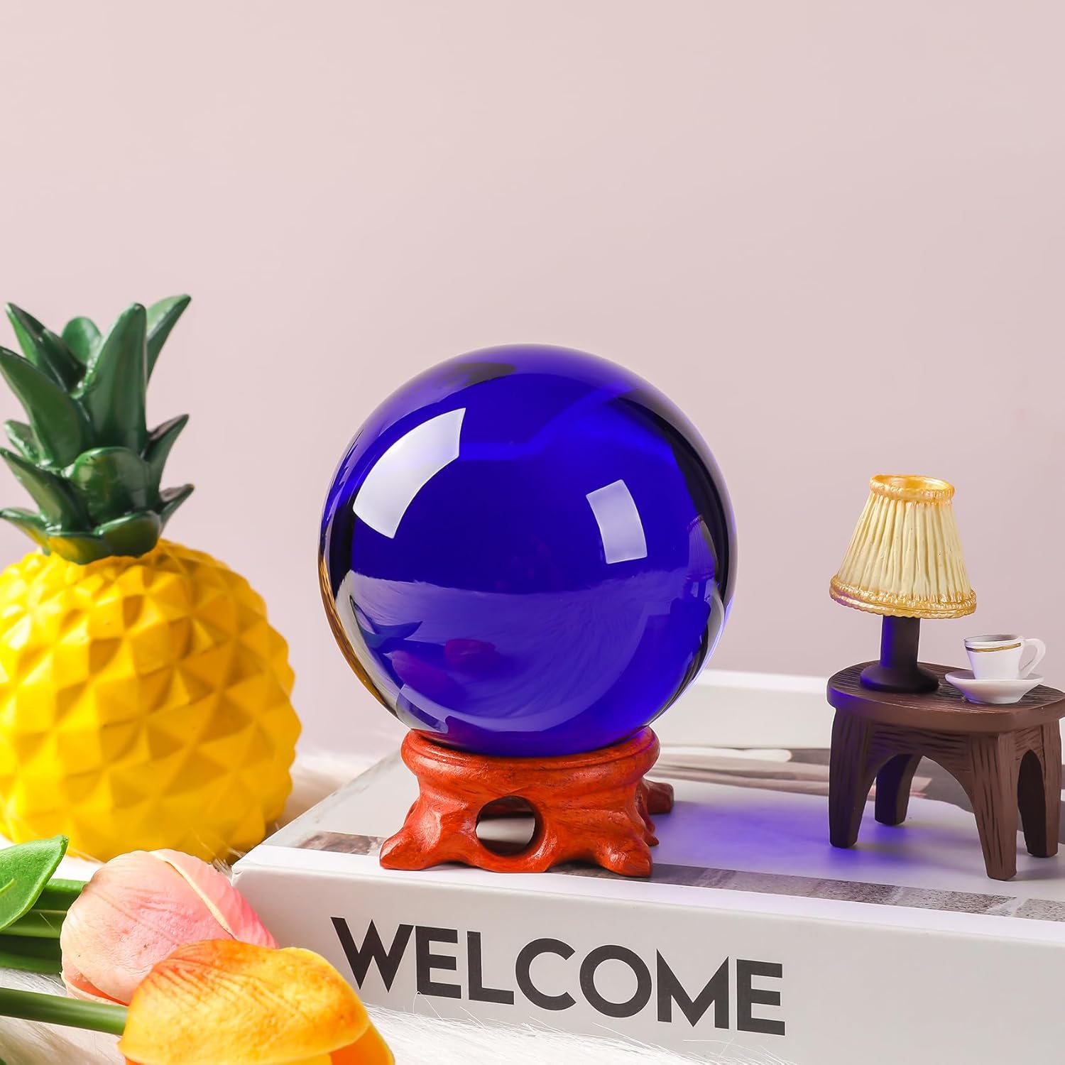 Modaier Dark Blue Crystal Ball 100mm/3.9 inch with Rose Wooden Stand and Gift Box for lensball Photography,Fortune Teller,Feng Shui, Witchcraft Decor,Scrying,Magic,Quartz Glass Orb Prop Large Sphere