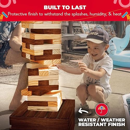 Miniatura 6 de SWOOC Games - Juego de torre gigante recuperada (resistente a la intemperie) 60 bloques + caja de almacenamiento/mesa de juego al aire libre | Se