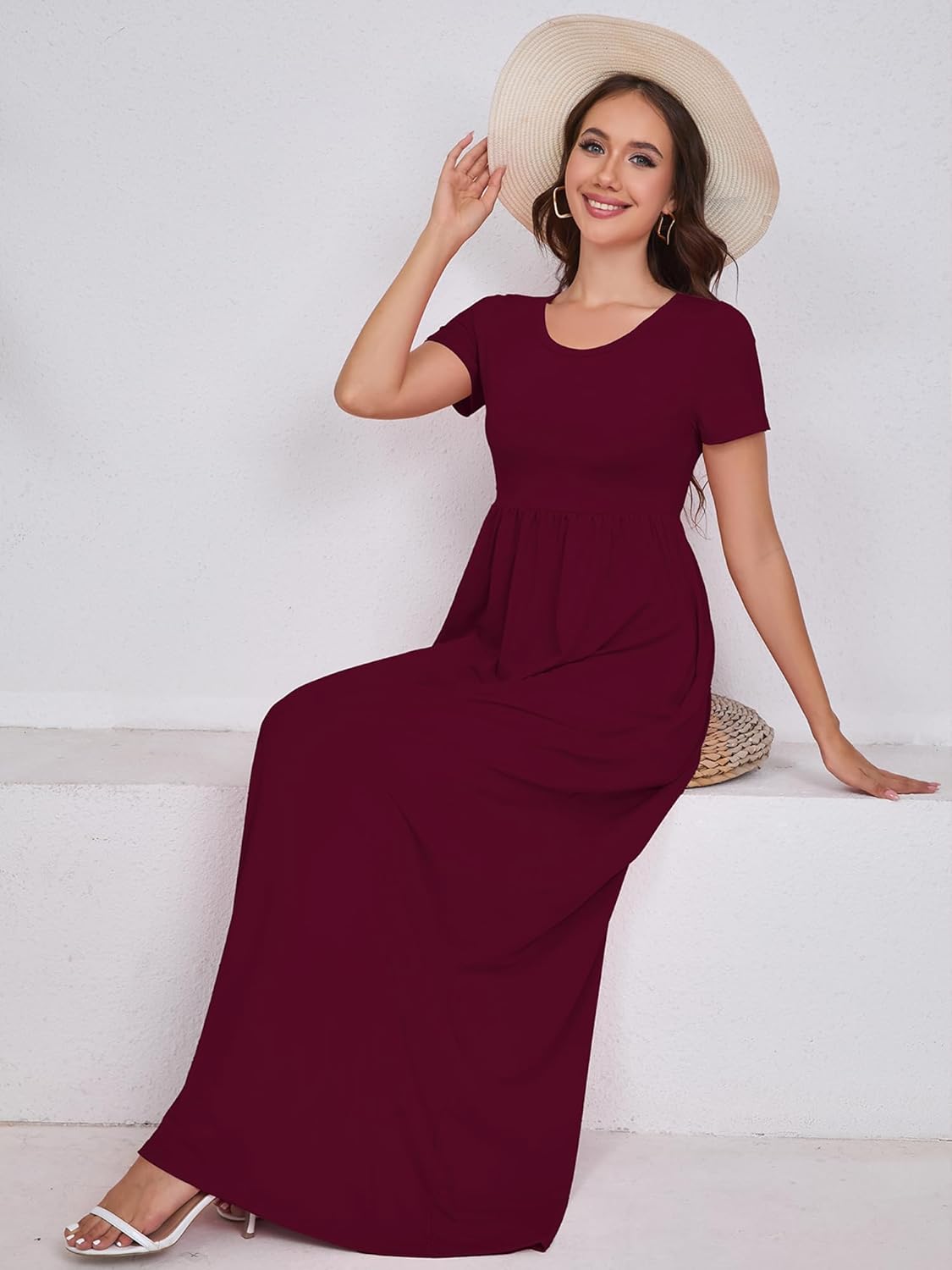 DEARCASE Maxi Dress for Women Short Sleeve Casual Summer Loose Plain Comfy Long Dresses with Pockets - Image 2