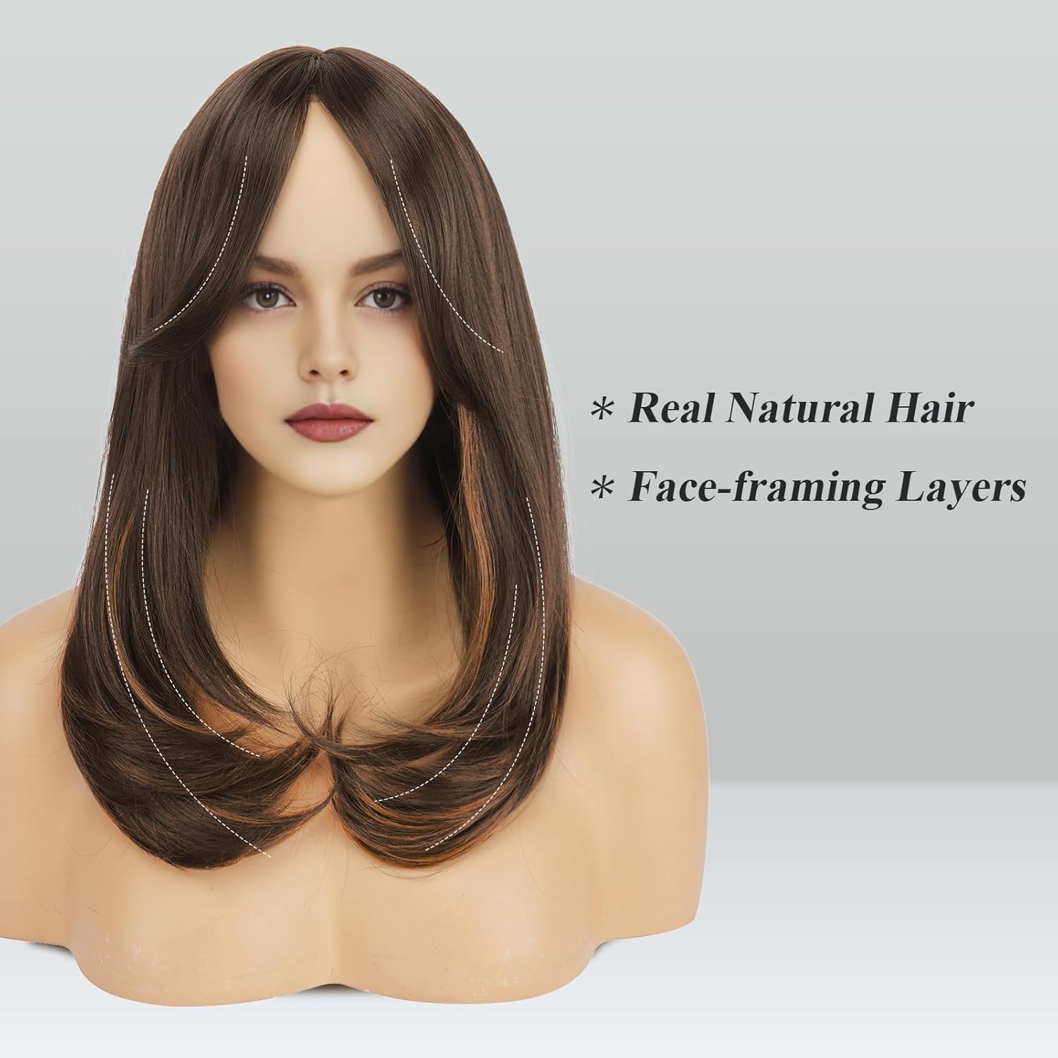FESHFEN Wigs with Bangs for Women, Synthetic Natural Looking Long Layered Straight Hair Wig for Women Daily Party Use, 18 inch Brown Mixed Auburn