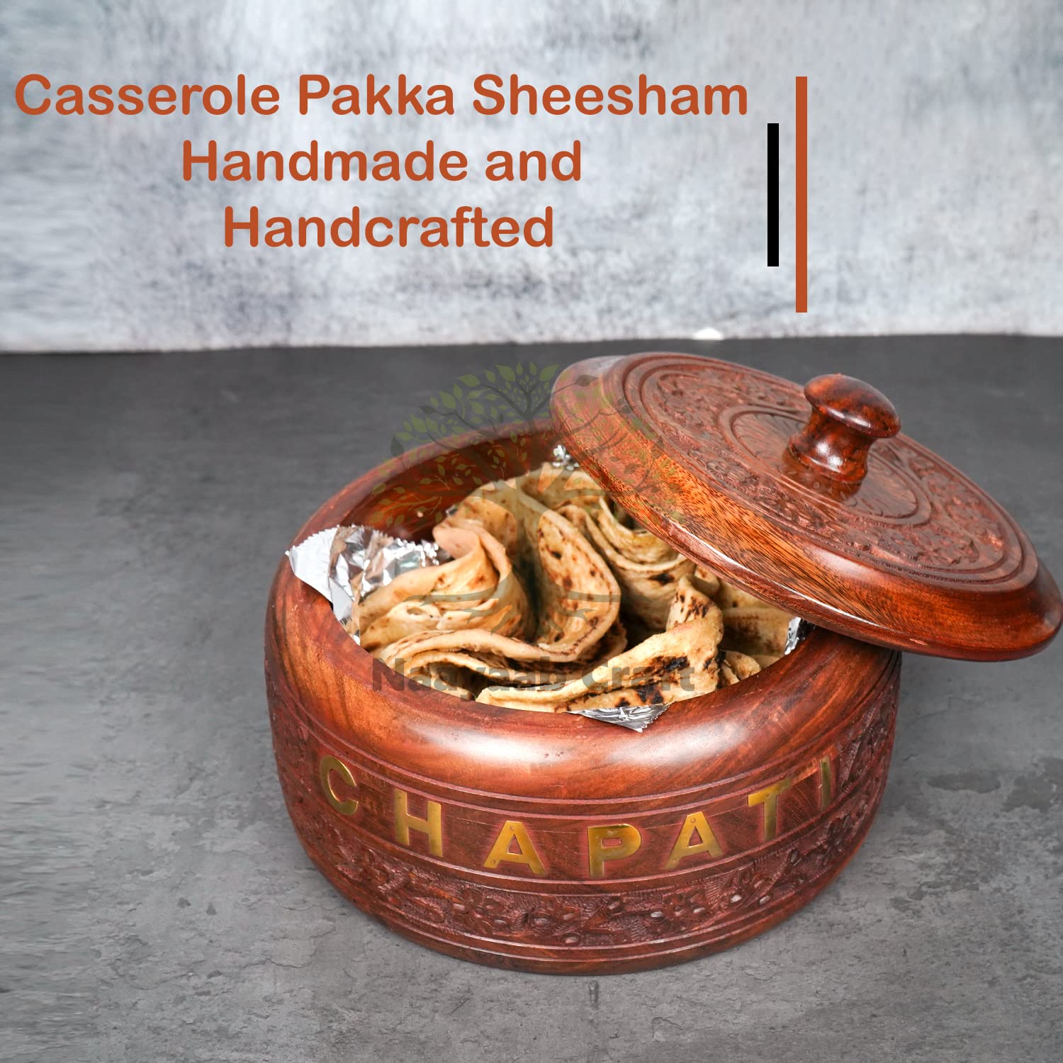 Naayaab Craft Wooden Chapati Casserole Pakka Sheesham Wood Handmade & Handcrafted Wooden Serving Chapati Box Crafted By Saharanpur Artisans(20 X 10 Cm), Brown 4