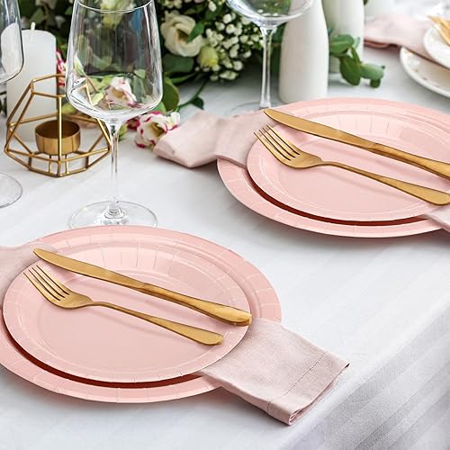 Miniatura 5 de Wesiti 100 platos de papel rosa a granel de 7 pulgadas 9 pulgadas, platos redondos de color rosa desechables para ensalada de postre rosa,