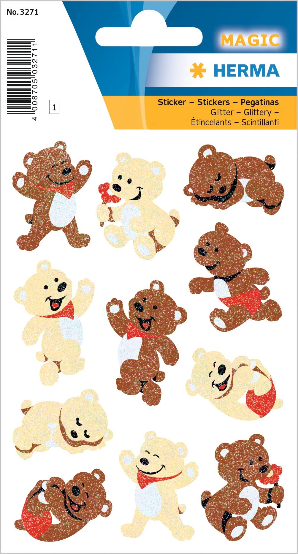 HERMA 3271 Glitter Stickers Bear Band, Self-Adhesive Film Stickers for Boys, Girls or Sticker Album, 11 Animal Stickers for Children