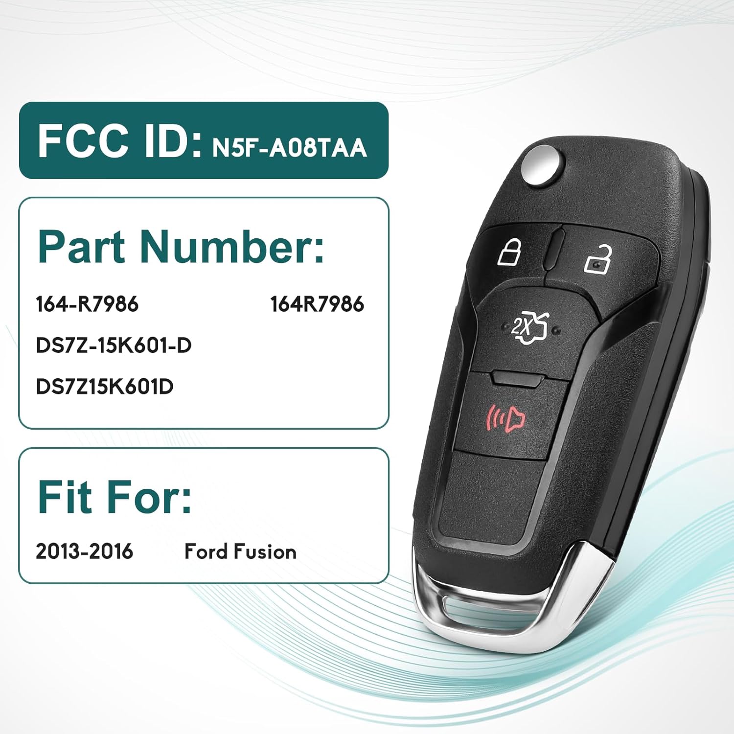 Key Fob, Keyless Entry Remote Control Compatible with 2013 2014 2015 2016 Ford Fusion, Key Fob Replacement N5F-A08TAA 164-R7986, 4 Buttons, 2 Pack