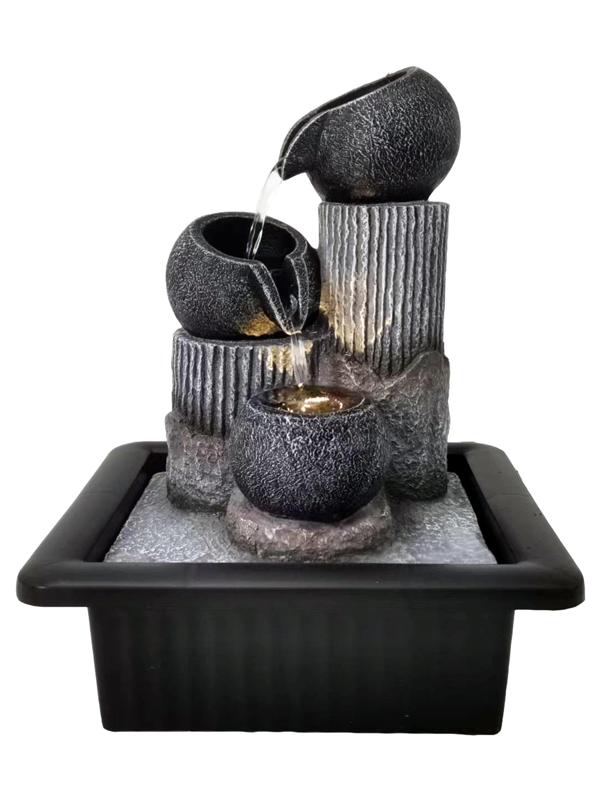 Celestial Orbs Indoor Tabletop Water Fountain with LED Light, USB Resin Cascading Bowl Water Feature for Home, Office, Bedroom, Shelf & Modern Zen Décor, 25cm