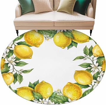 Teamery Round Area Rug 5ft, Country Lemon Flower Leaf Non-Shedding Washable Area Rug, Spring Fruit Floral Plant Non Slip Low-Profile Circle Rugs for Living Room, Bedroom Dining Room