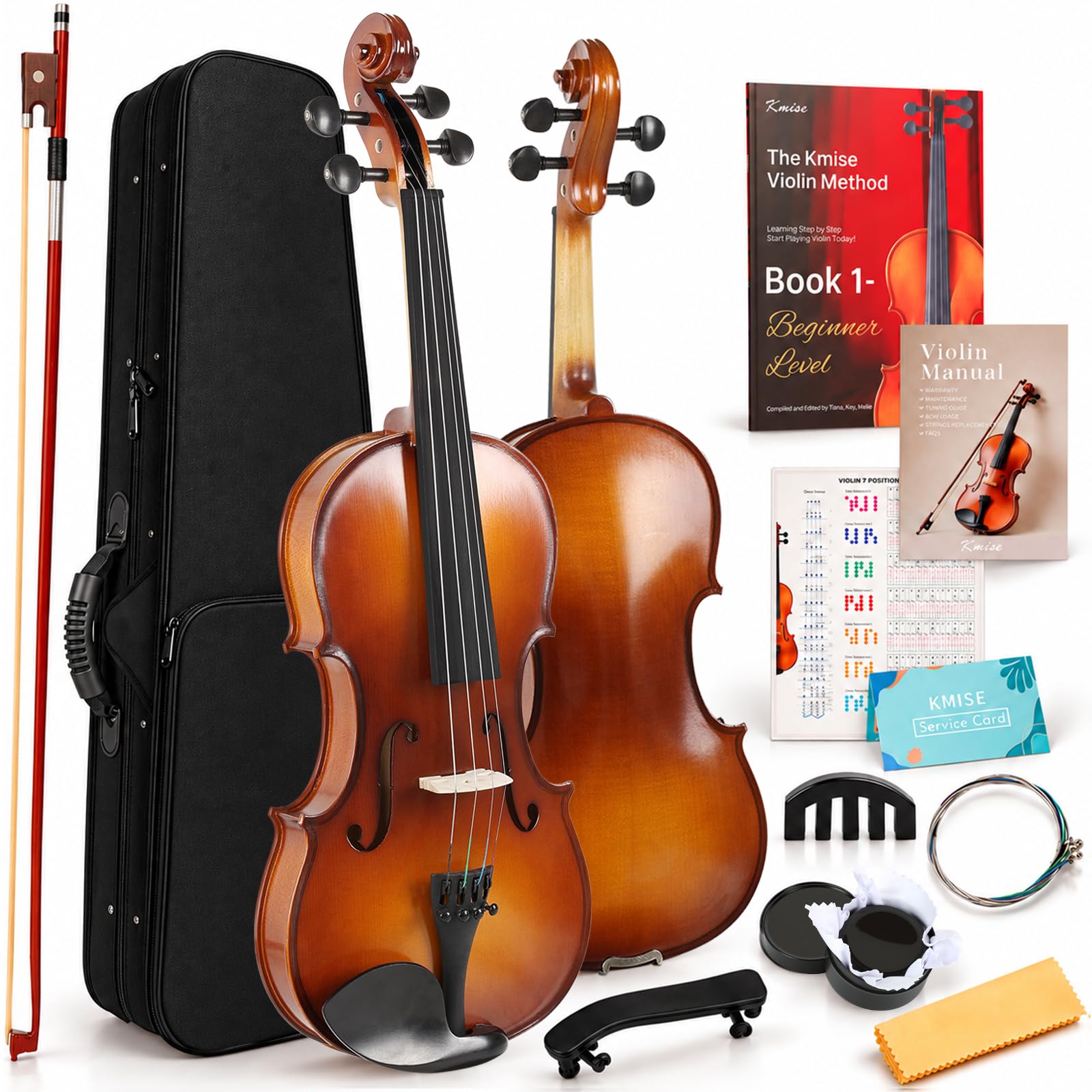 Kmise Teacher Approved 3/4 Size Violin Starter Kit for Adults Beginners Students, High Density Ebony Acoustic Violins, Fiddle Bundle with Case, Bow, Rosin, Strings, Shoulder Rest &amp; Guide
