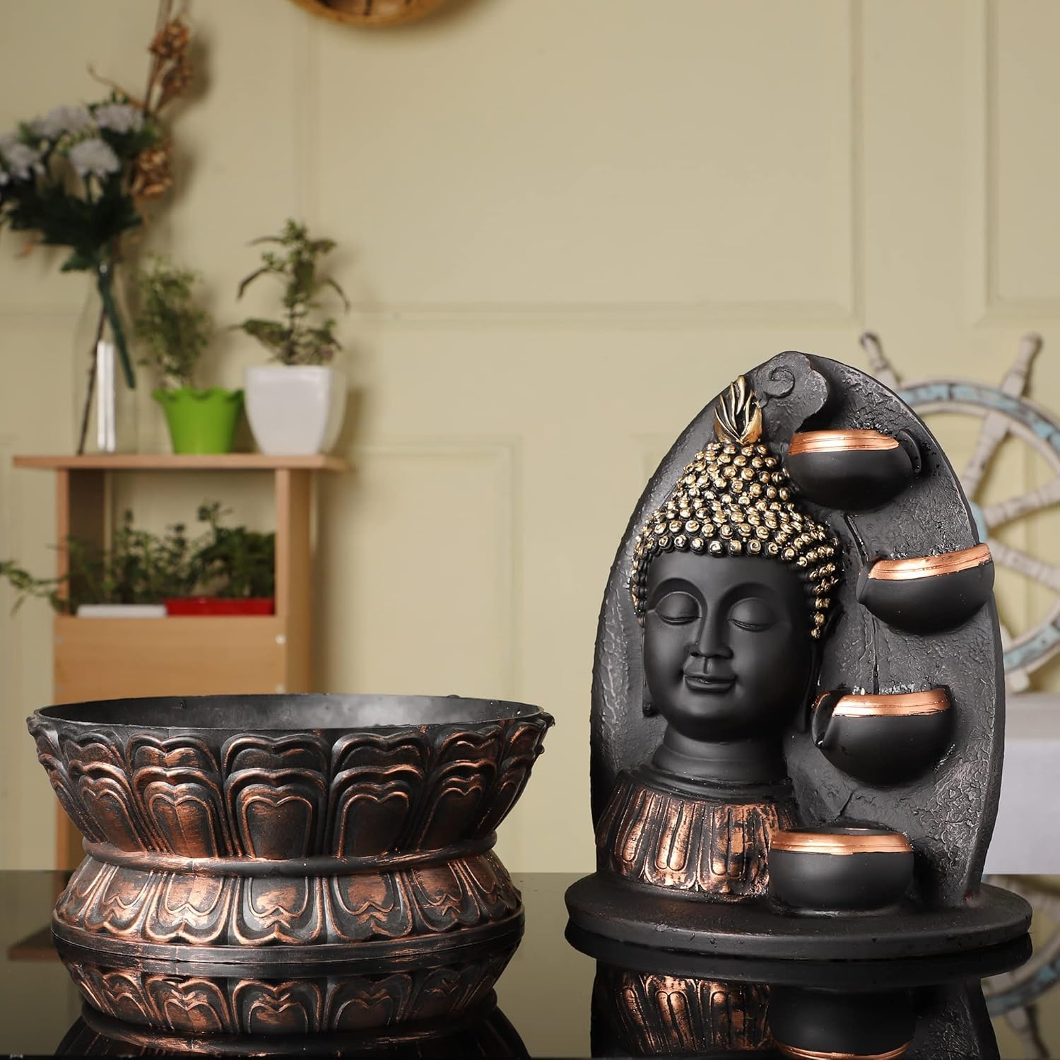 PolyResin Tabletop Meditating Buddha Water Fountain Diya Water Fountain for Home & Office Decor with LED Light, Speed Controller Pump (Size: 40 x 22 x 29.5CM)-image-29