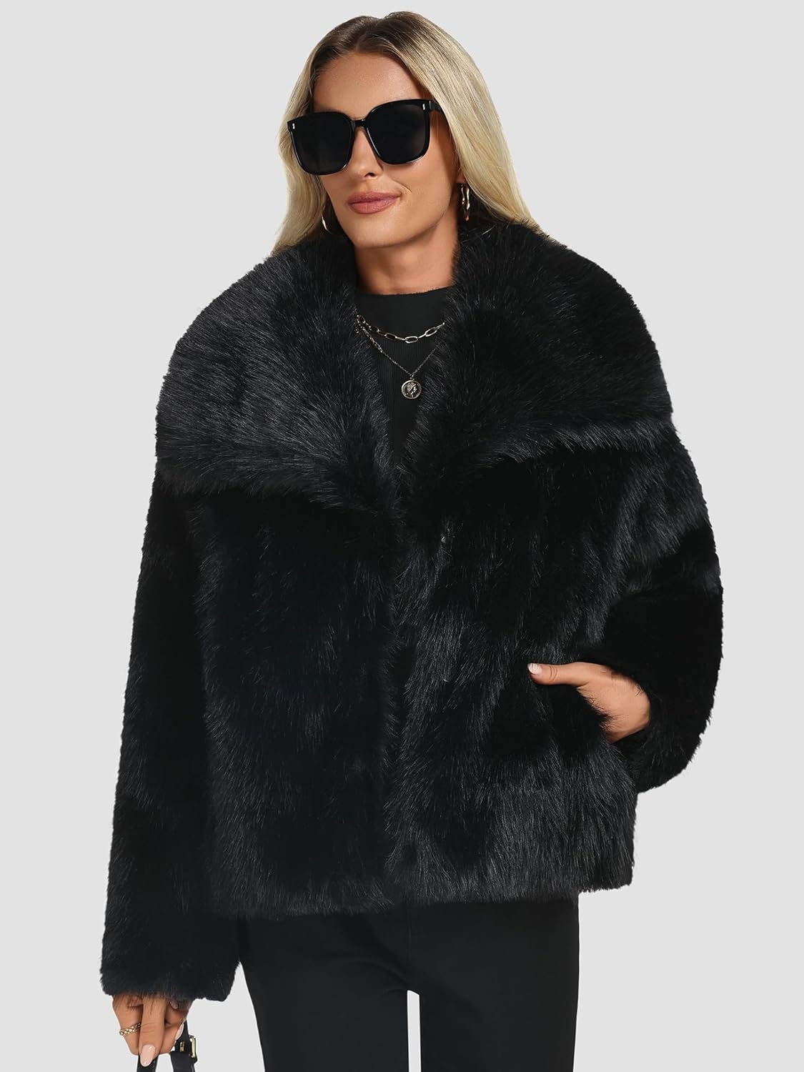 Funlingo Women's Faux Fur Coat Winter Long Sleeve Lapel Cropped Jacket Warm Shaggy Overcoat - Image 3