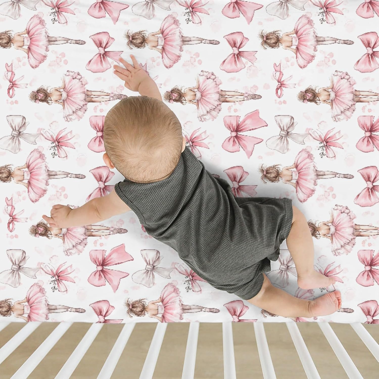 Cute Girl Ballet Baby Crib Sheets, 52x28Inch Pink Dance Girl Bows Soft Stretchy Fitted Crib Mattress Cover, Sports Baby Sheet for Standard Crib and Toddler Mattress