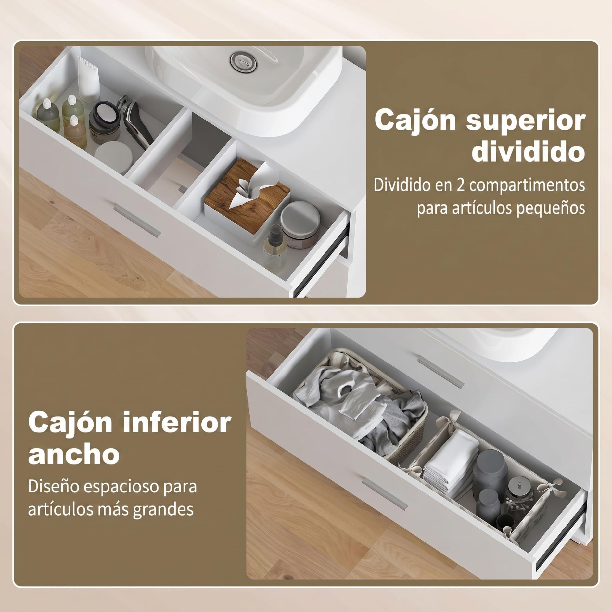 HOMCOM Mueble Bajo Lavabo, Mueble de Baño con 2 Cajones, Armario de Baño de Pie, Estilo Moderno, para Lavabo sin Pedestal, 80x30x60 cm, Blanco