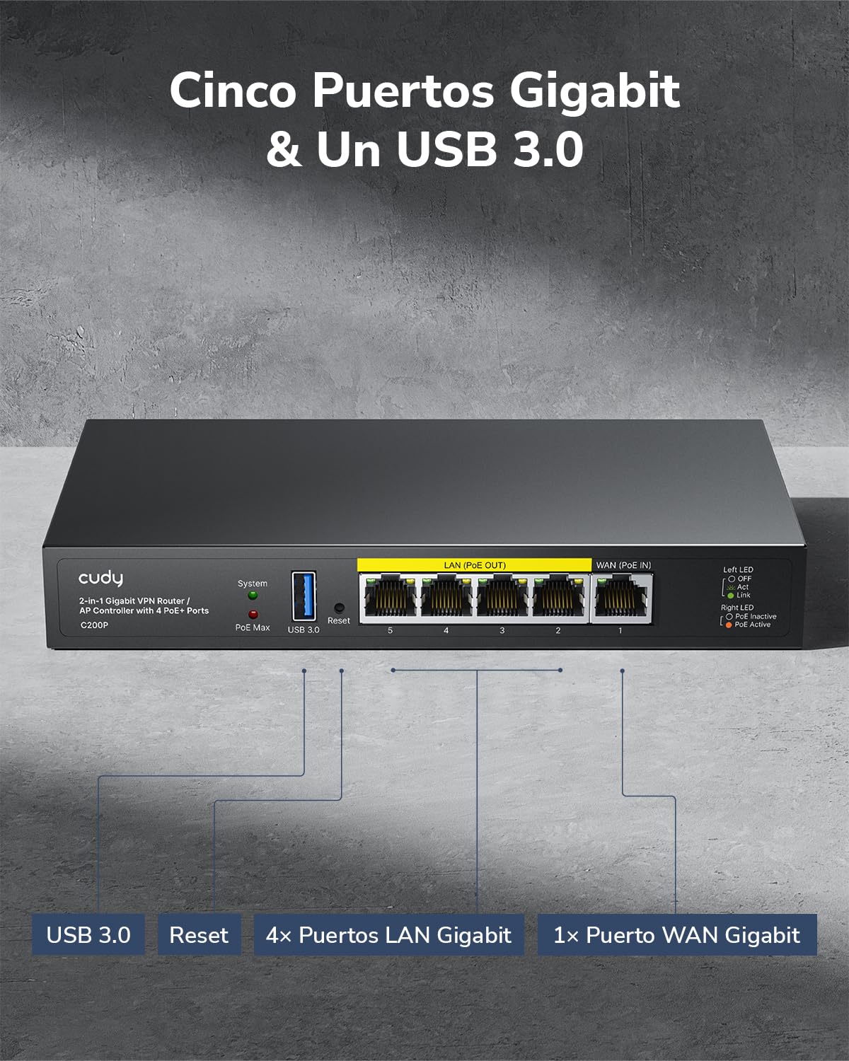 Cudy Controlador AP de hardware C200P y enrutador VPN, alimentado por PoE o CC, administra hasta 200 AP, portal cautivo, puerto USB 3.0, monitor de red fácil e inteligente y mantenimiento