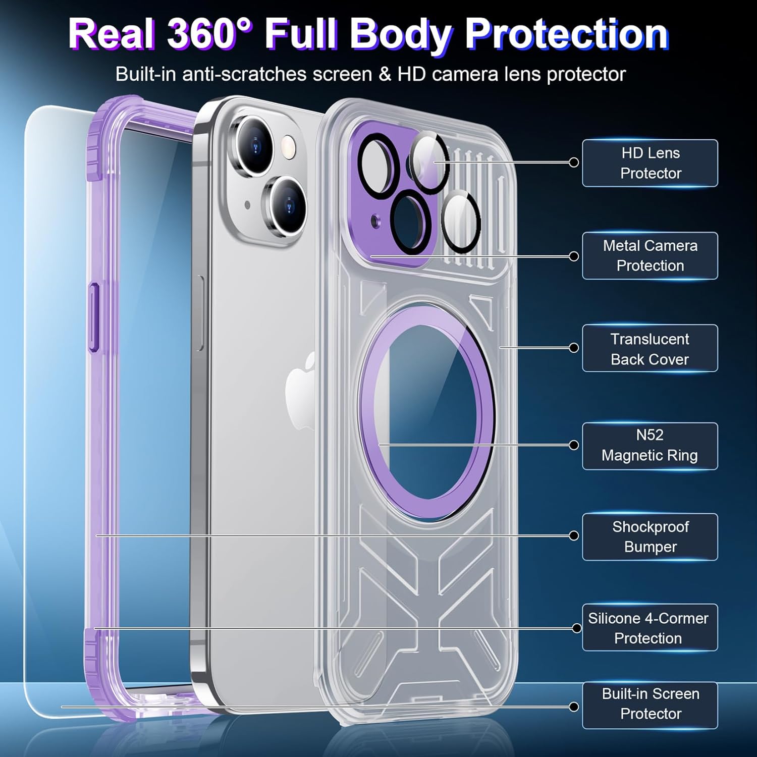 Temdan Magnetic for iPhone 15 Case Waterproof,[Built-in Screen & Camera Protector][Full Body Shockproof][IP68 Underwater][Dustproof] Shockproof Phone Case for iPhone 15 6.1"-Purple