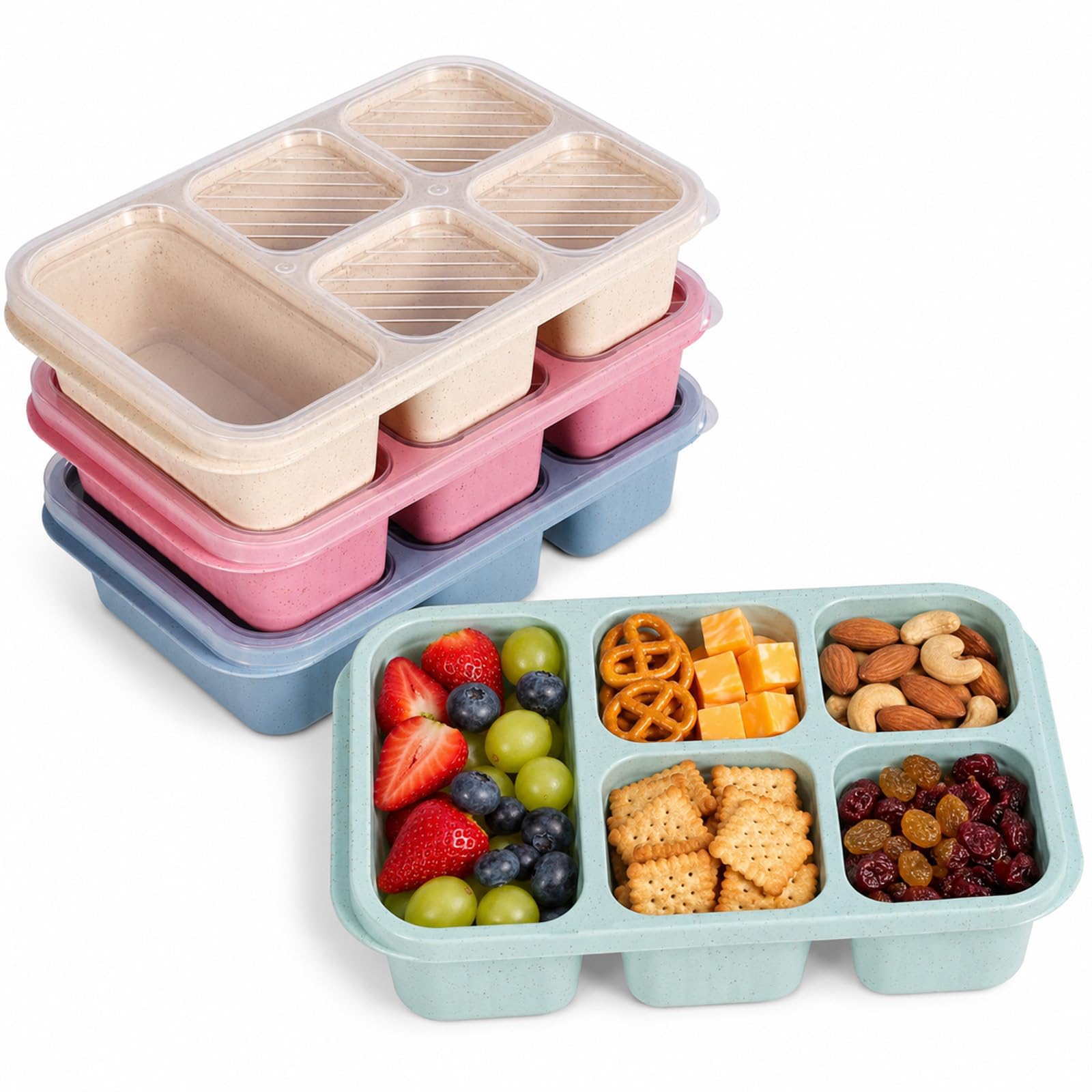 HOMAVEL 4 Packs 5 Compartment Snack Box Large Bento Lunch Containers