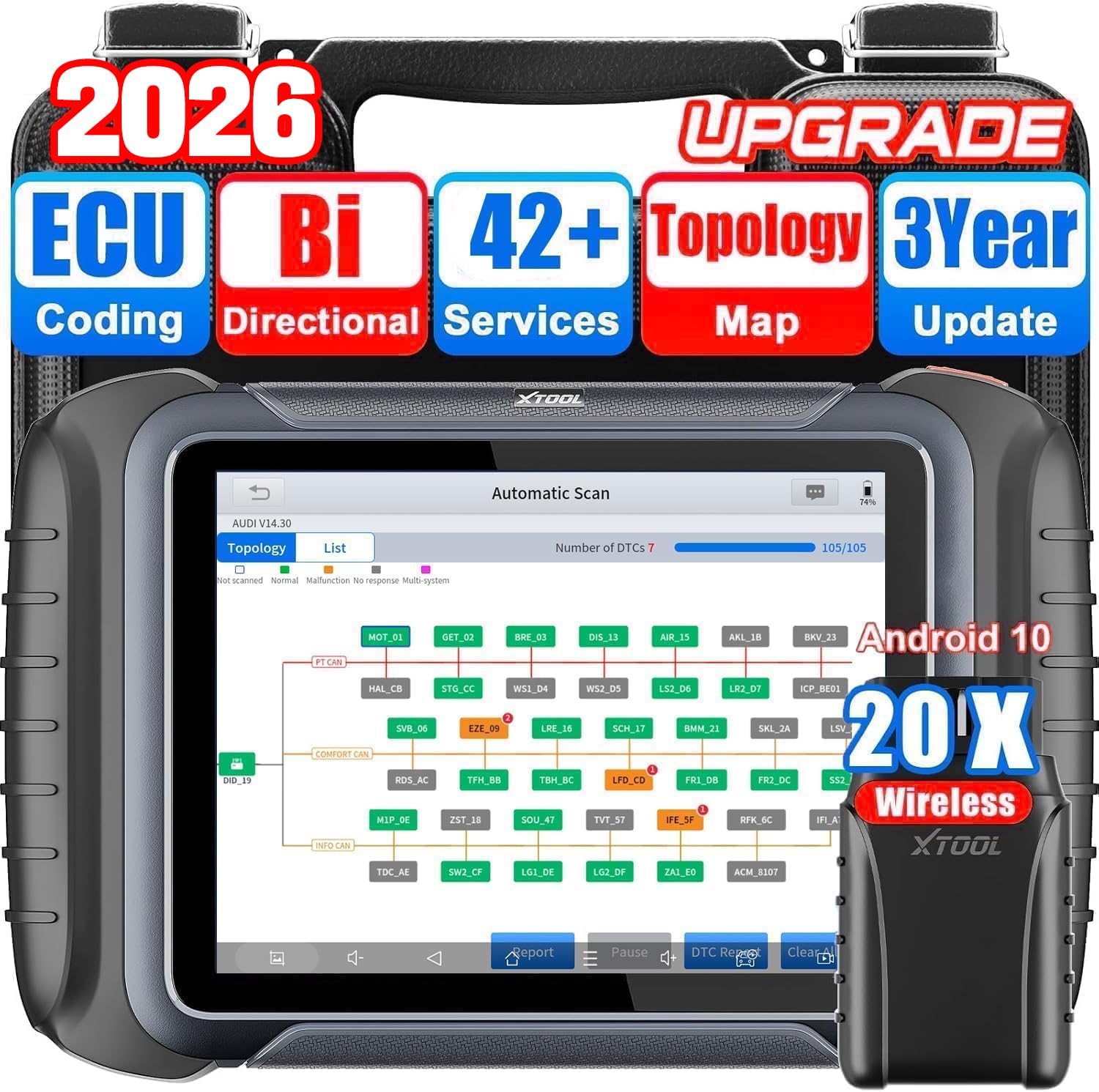 XTOOL D8W Wireless OBD2 Scanner: Bidirectional Car Diagnostic Tool with Topology Map, ECU/Online Coding, 42+ Resets, All System, V.A.G Guide, PMI, FCA/CAN FD/DoIP, 3-Year Update, Covers 10K+ Vehicles