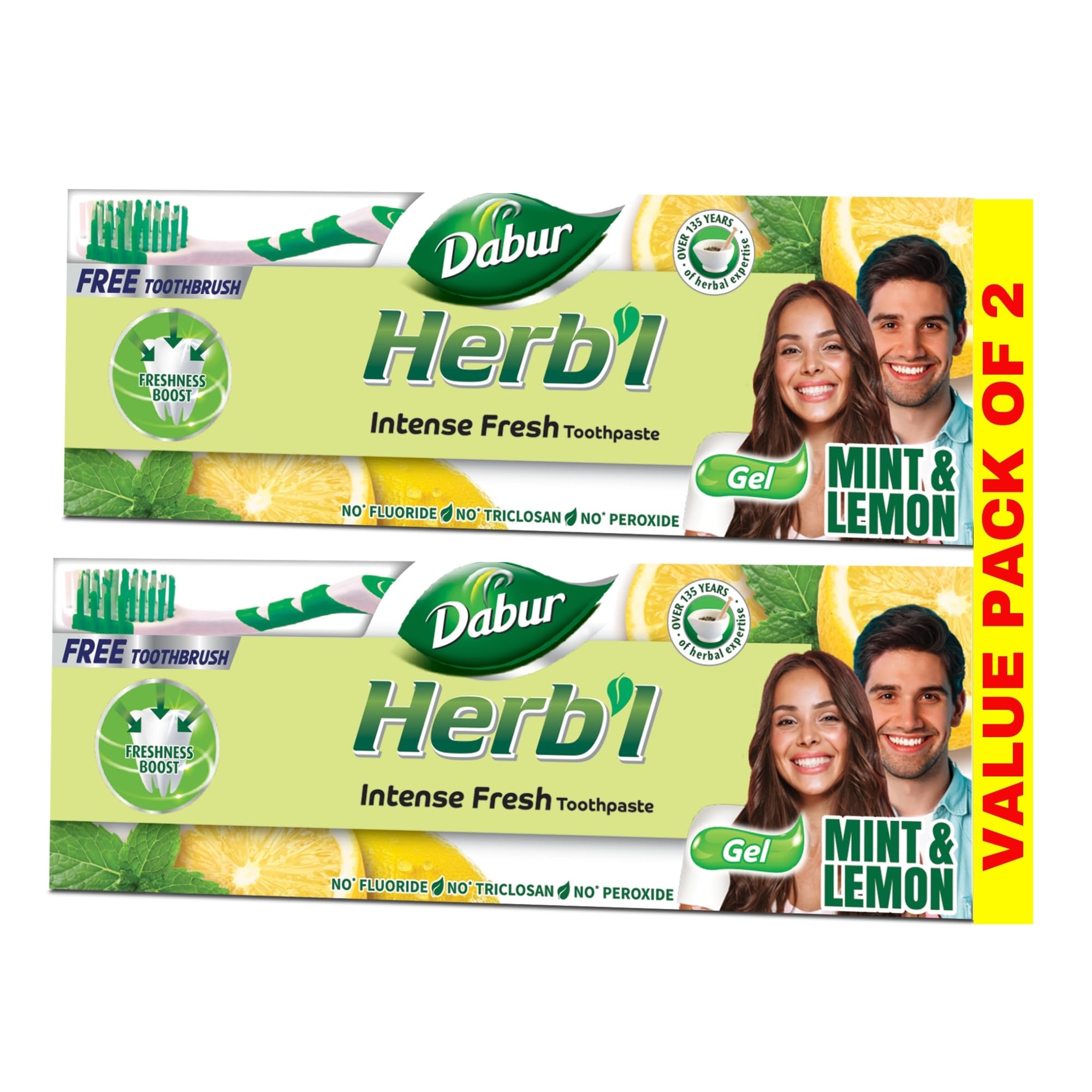 Dabur Herbl Intense Fresh Gel Toothpaste (2 x 150g+Toothbrush) | With Blend of Mint & Lemon | Natural Gel Tooth paste For Fresh Breath | Value Pack