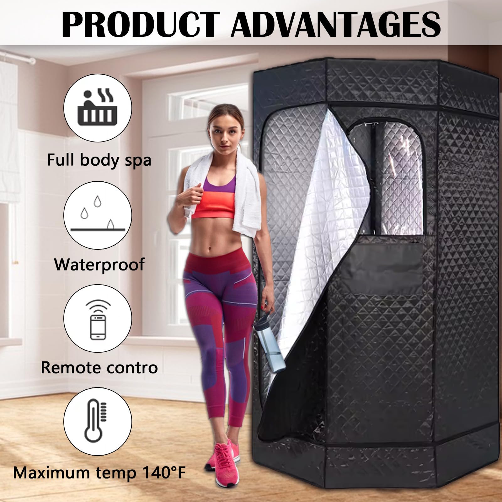 Tente Sauna 1200W Générateur Vapeur Cabine Sauna Portable 9 Niveaux Température 180cm