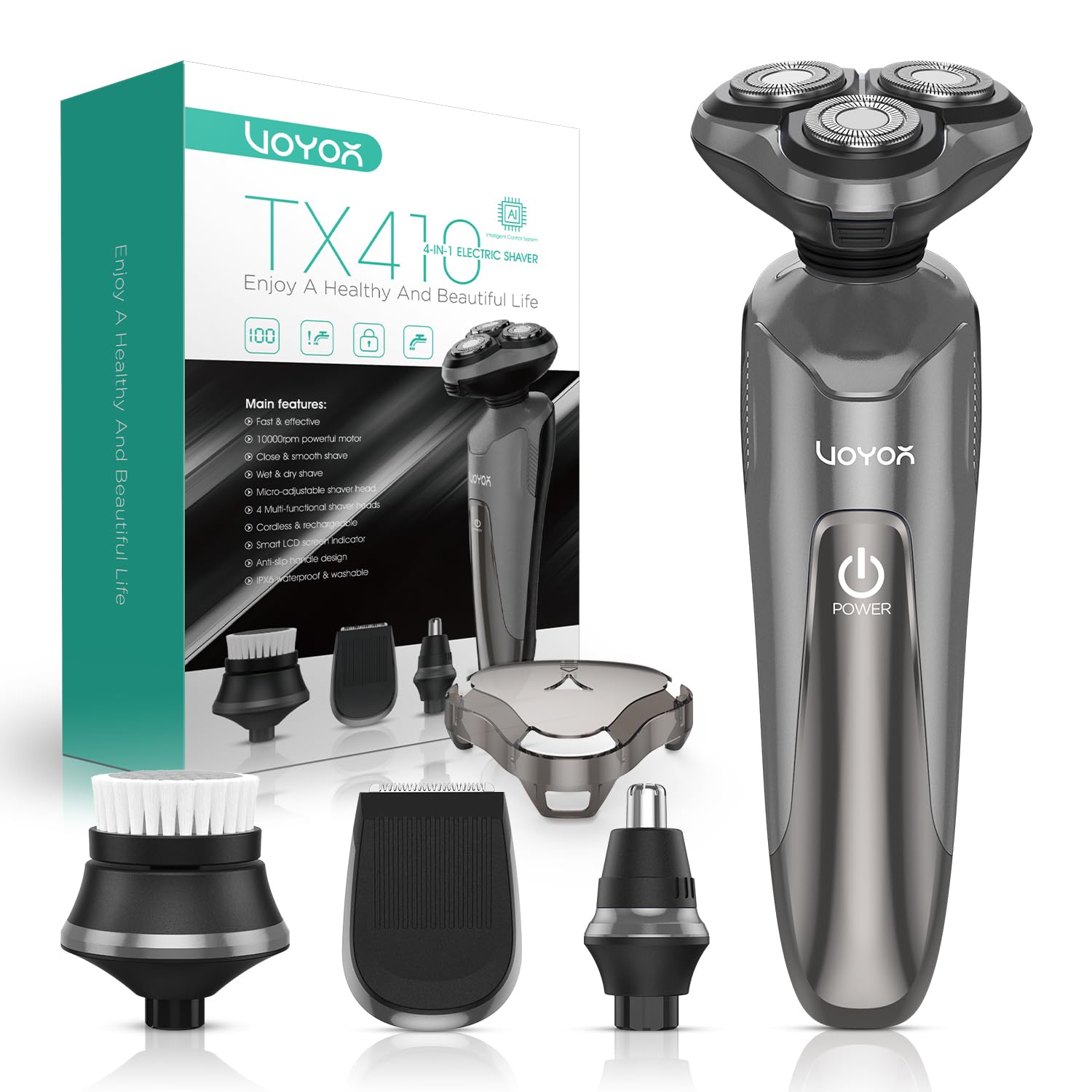 VOYOR Máquina de Afeitar Hombre, Cabezal 3D Flotante Afeitadora Eléctrica | 4 Cabezales Multifunción, Afeitado Inalámbrico, Impermeable, LCD, Empuñadura Antideslizante, Bloqueo de Viaje TX410 Gris