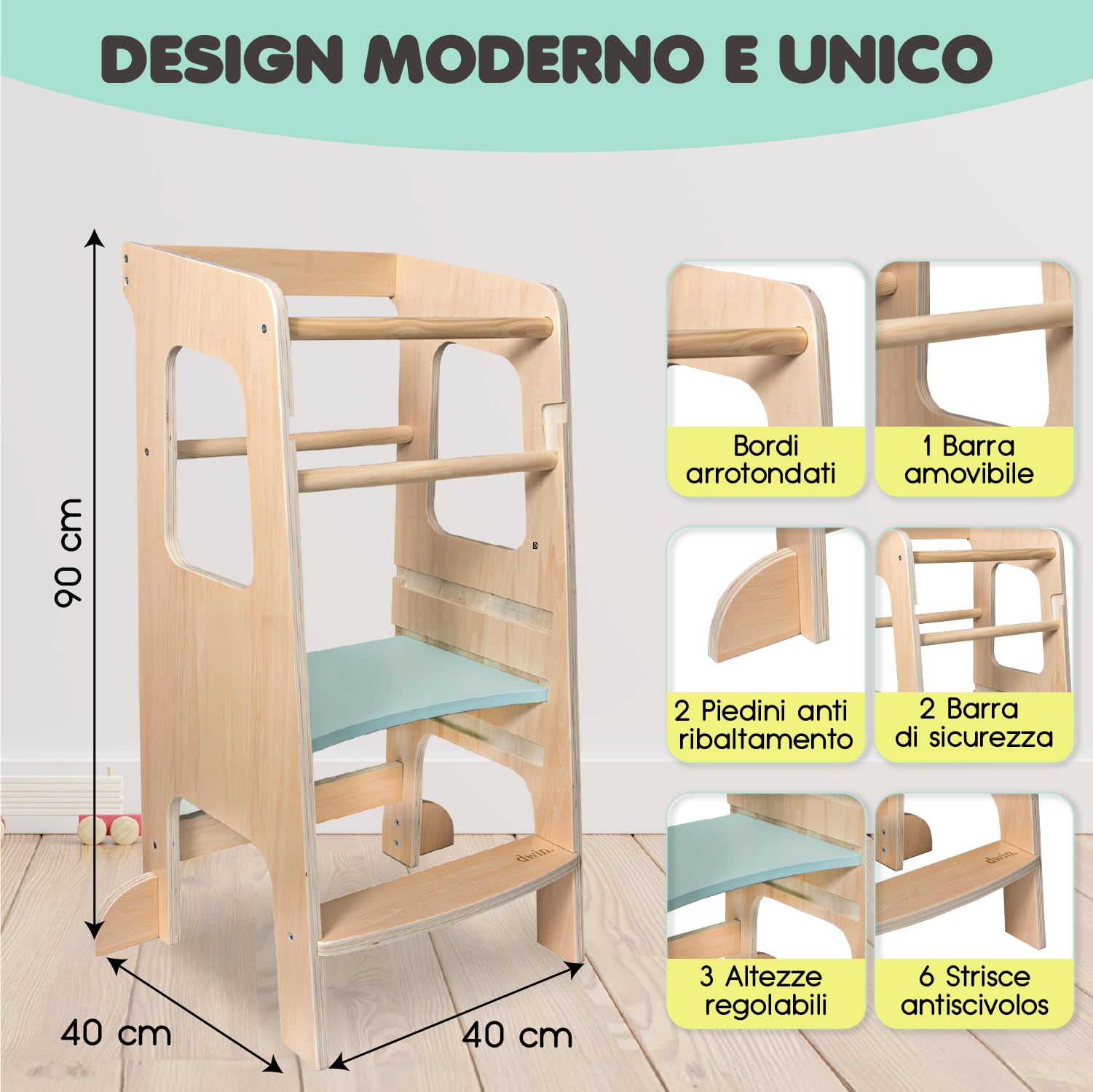 Torre Montessoriana bambini legno naturale 3 livelli Antiscivolo Anti ribaltamento Doppia barra sicurezza CE