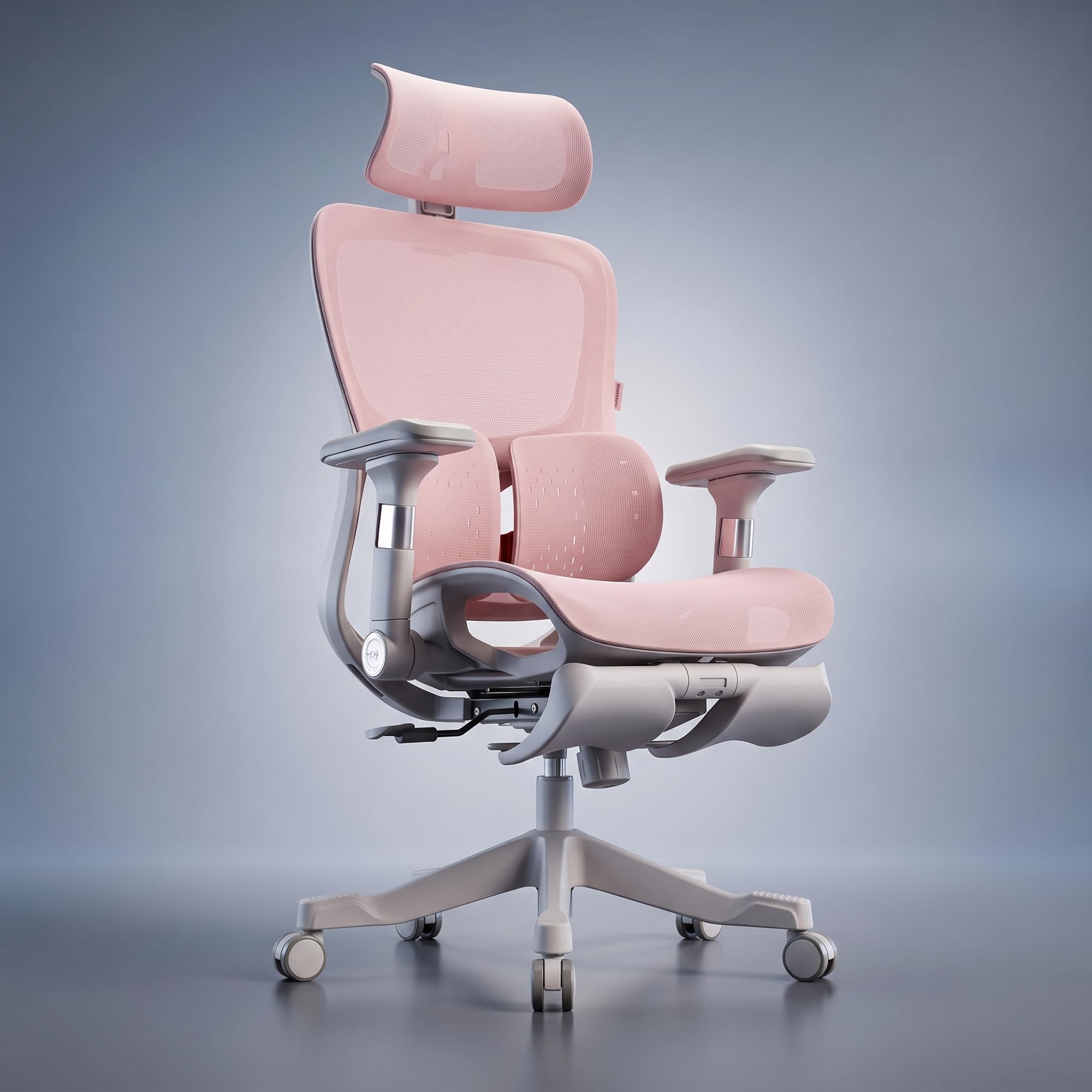 DROGO Axion Ergonomic Office Chair for Home & Work | Dual-Wing Dynamic Lumbar Support, 5D Armrests, 3D Headrest | Breathable Mesh Computer Desk Chair, 5cm Seat Slider, 135° Recline, Footrest (Pink)