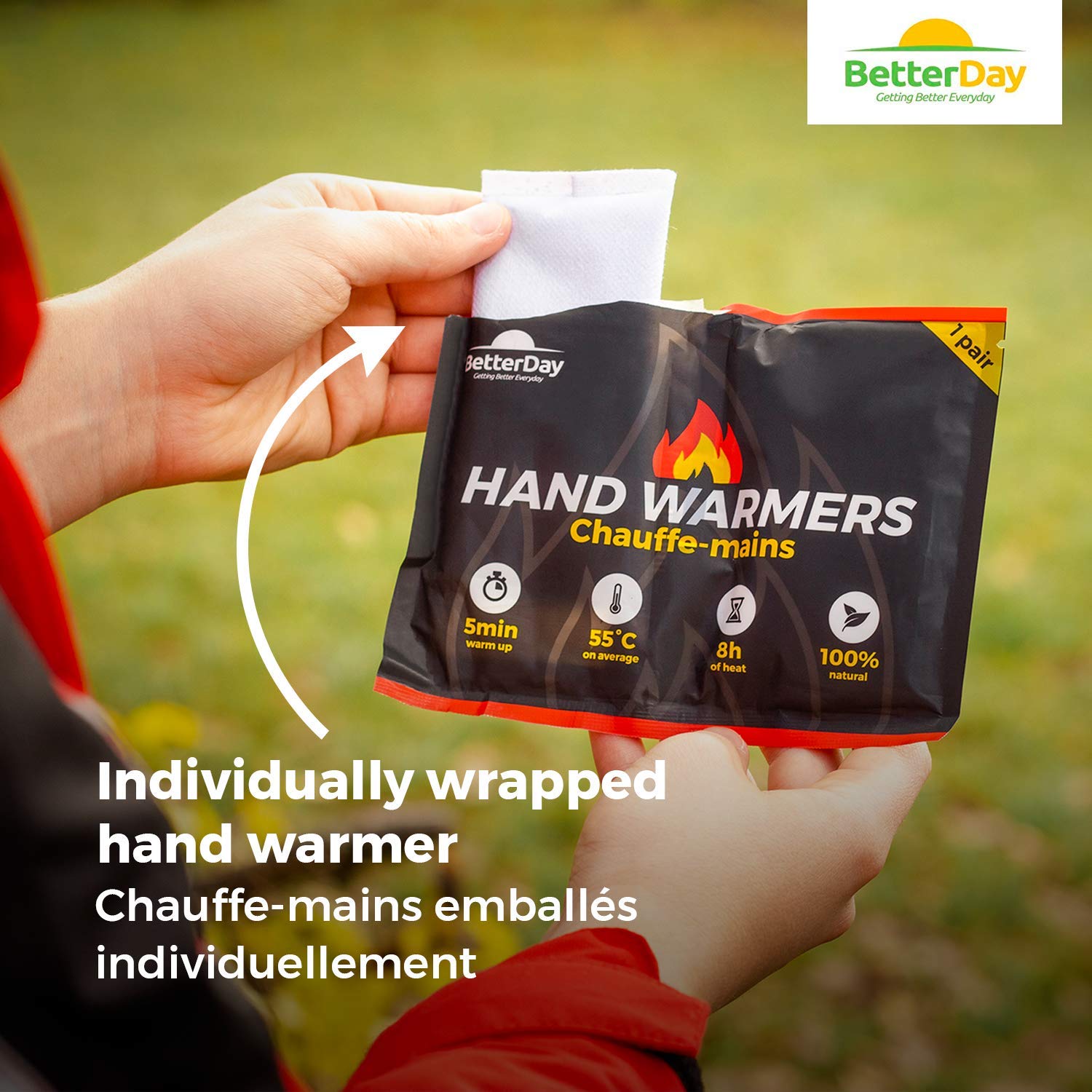 [Nouveau !] Chauffe-Mains avec Housses BetterDay® qualité supérieure 100% Naturel - par Paquet de 10 Paires ou de 40 Paires Jusqu’à 62°C Pendant 10 Heures - Coussinets Chauffants instantanés