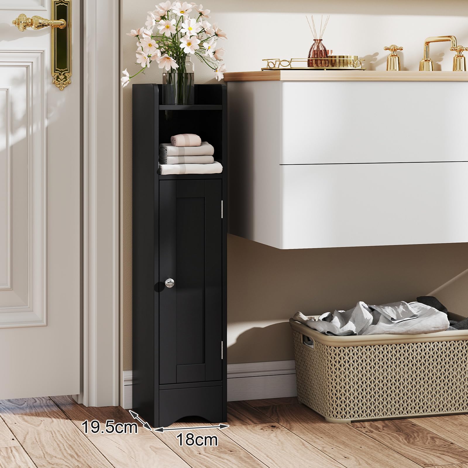 GIANTEX Armario Estrecho de Baño con Puerta, Mueble Organizador para Papel Higiénico con 5 Estantes de Almacenamiento, 2 Estantes Ajustables, 18 x 19,5 x 80 cm, para Salón, Lavandería (Negro)