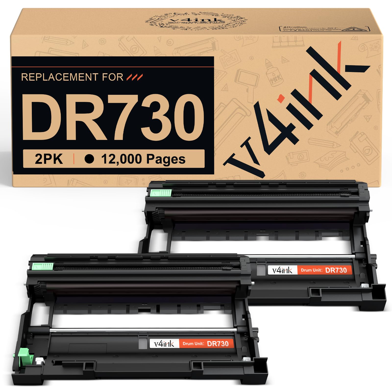 v4ink 2PK Compatible DR730 Drum Replacement for Brother DR-730 DR-760 Drum for Brother HL-L2325DW HL-L2350DW HL-L2370DW HL L2390DW L2395DW DCP-L2550DW MFC L2690DW L2710DW L2717DW L2750DW (NOT Toner)