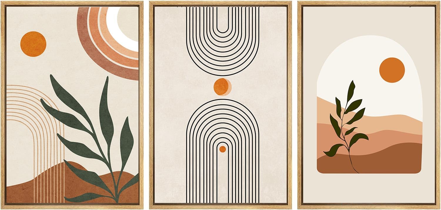 Boho Wandkunst-Set – 3 Gerahmte Bilder Je 40x60 Cm, Abstrakte Linien & Sonnen, Mid-Century Stil, Neutral