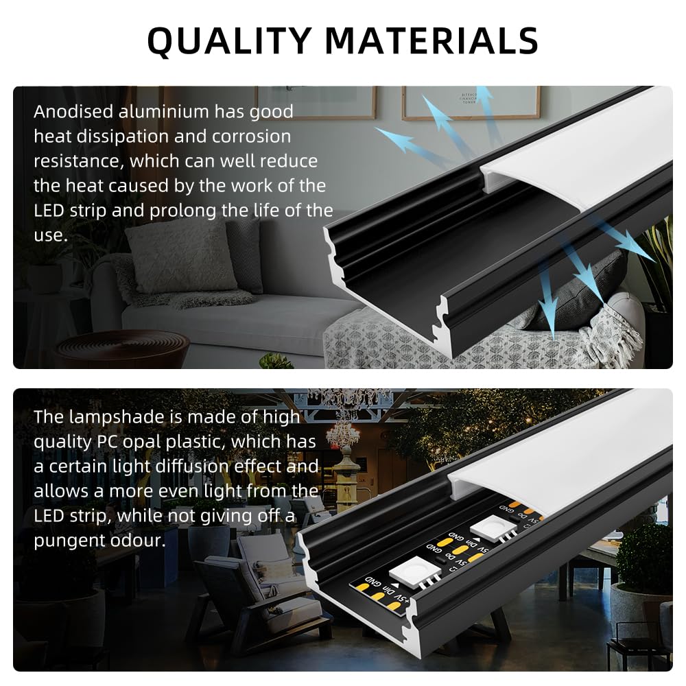 CUQI Czarny profil LED, 10 x 40 cm, profil aluminiowy z mleczną białą osłoną PC, zaślepkami i uchwytem montażowym do taśmy LED (10 szt.)