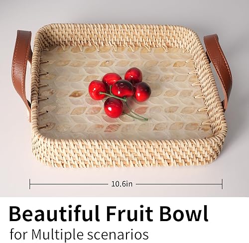 Miniatura 8 de Bandeja de ratán de 10.6 pulgadas con base de madera con incrustaciones de nácar  Bandeja cuadrada de mimbre tejida  Bandeja de mesa auxiliar para