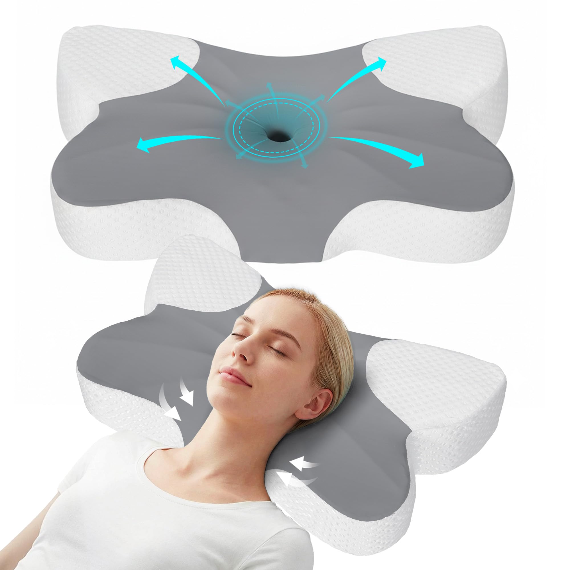 Lavio Grey Memory Foam Cervical Pillow For Neck Pain Relief, Ergonomic Orthopedic Neck Support Pillow, Butterfly Memory Foam Comfortable Pillow For Side/Back/Stomach Sleepers With Cooling Washable Cover (Grey)
