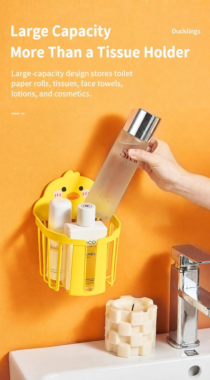 Duck Wall Mounted Tissue Holder, Adhesive Toilet Paper Holder Basket, Plastic Bathroom Paper Towel Organizer for Roll Paper, Wipes, Cosmetics and Small Items, No Drilling, Yellow, 1 Pack