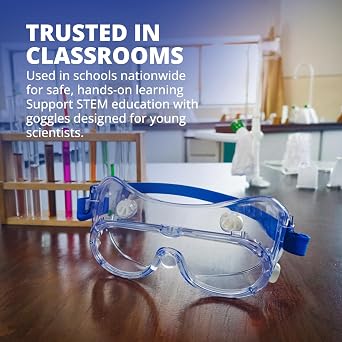 United ScientificTM Safety Goggles for Students, Polycarbonate Lens, 3-Pack | Fits Temple Width Up to 6.25 Inches, Indirect Vent Design, Adjustable Elastic Strap, Fog Resistant, STEM Classroom Ready