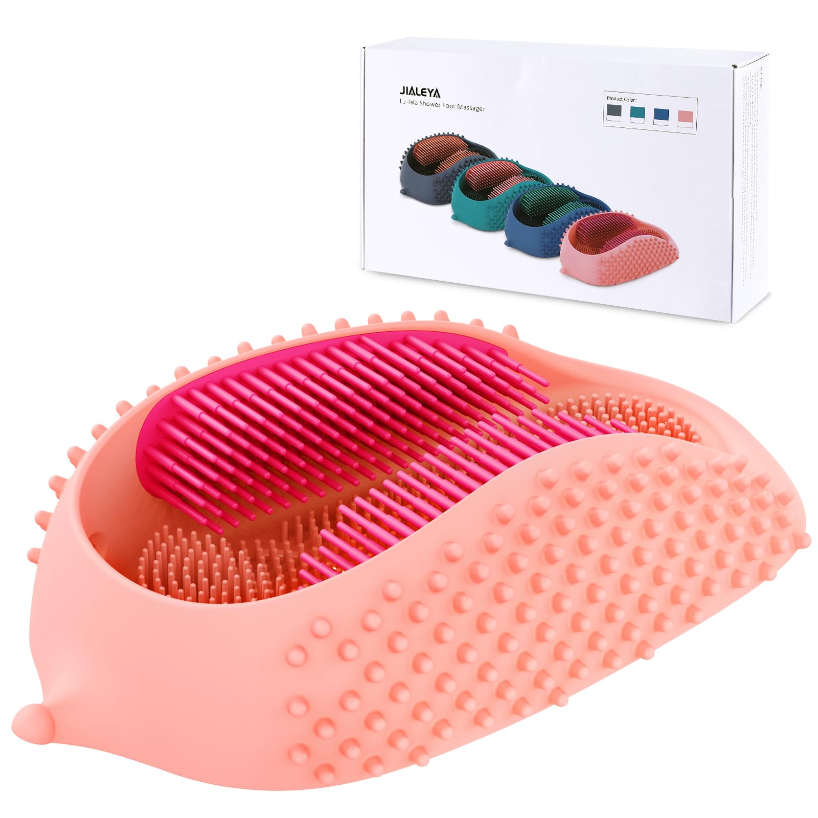 JIALEYA Lu-lala Shower Foot Scrubber - Portable Manual Foot Massager Cleaner Care for Soothe Feet Neuropathy Achy, Improve Foot Circulation - Wet and Dry use, Fits Plus Size Feet (Pink-Rose)