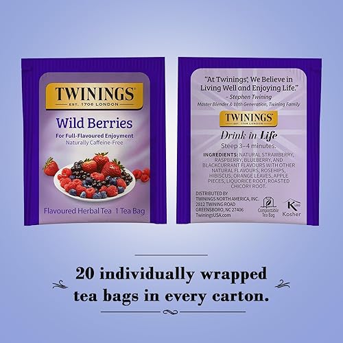Miniatura 3 de Twinings Té de bayas silvestres, un té de hierbas naturalmente sin cafeína lleno de sabores frescos y edificantes de té de bayas, bolsas de té
