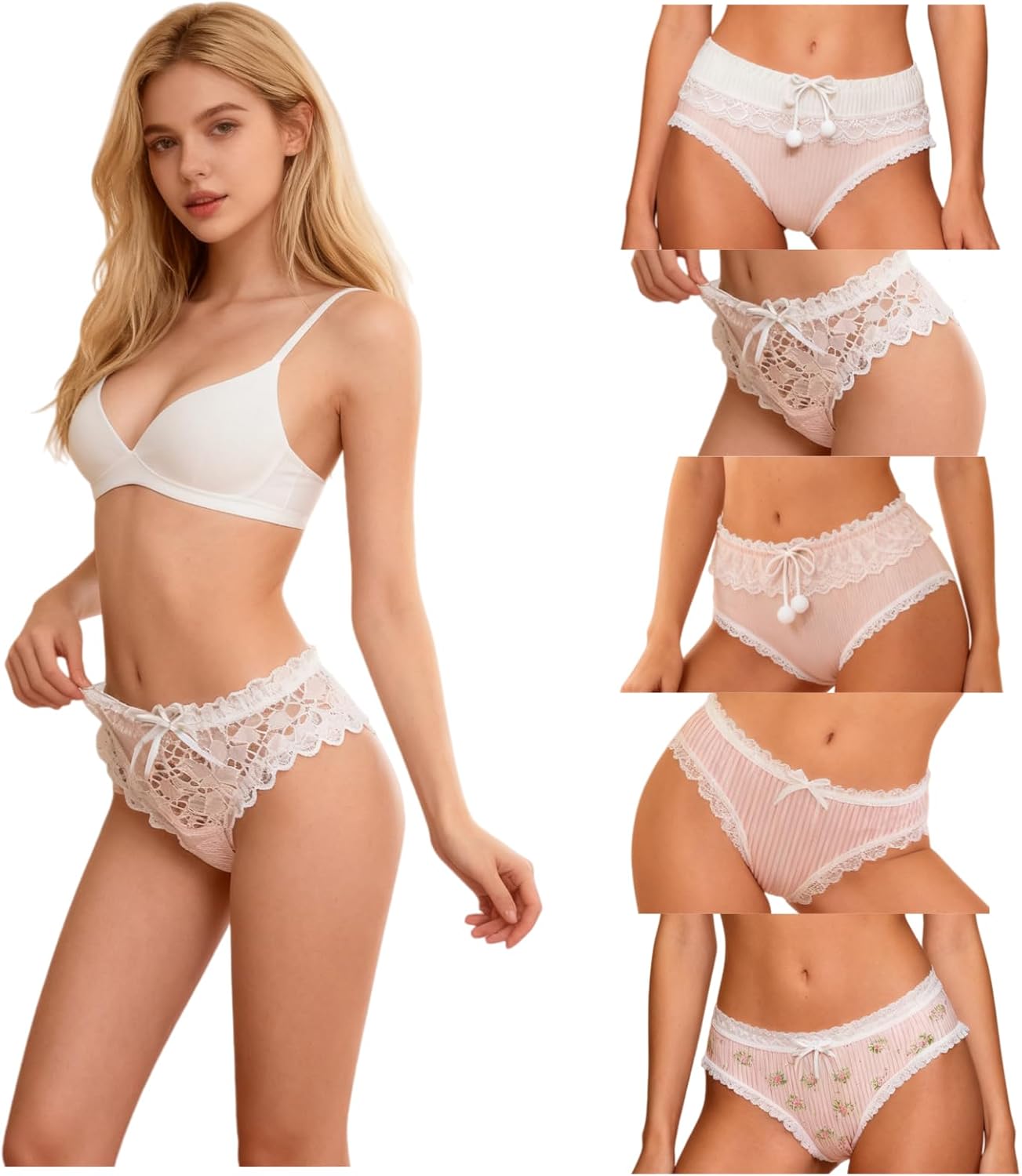 Womens Underwear for Women 5 Packs Ladies Panties Cute Cotton Kawaii Lace Bow Flowers Floral Print