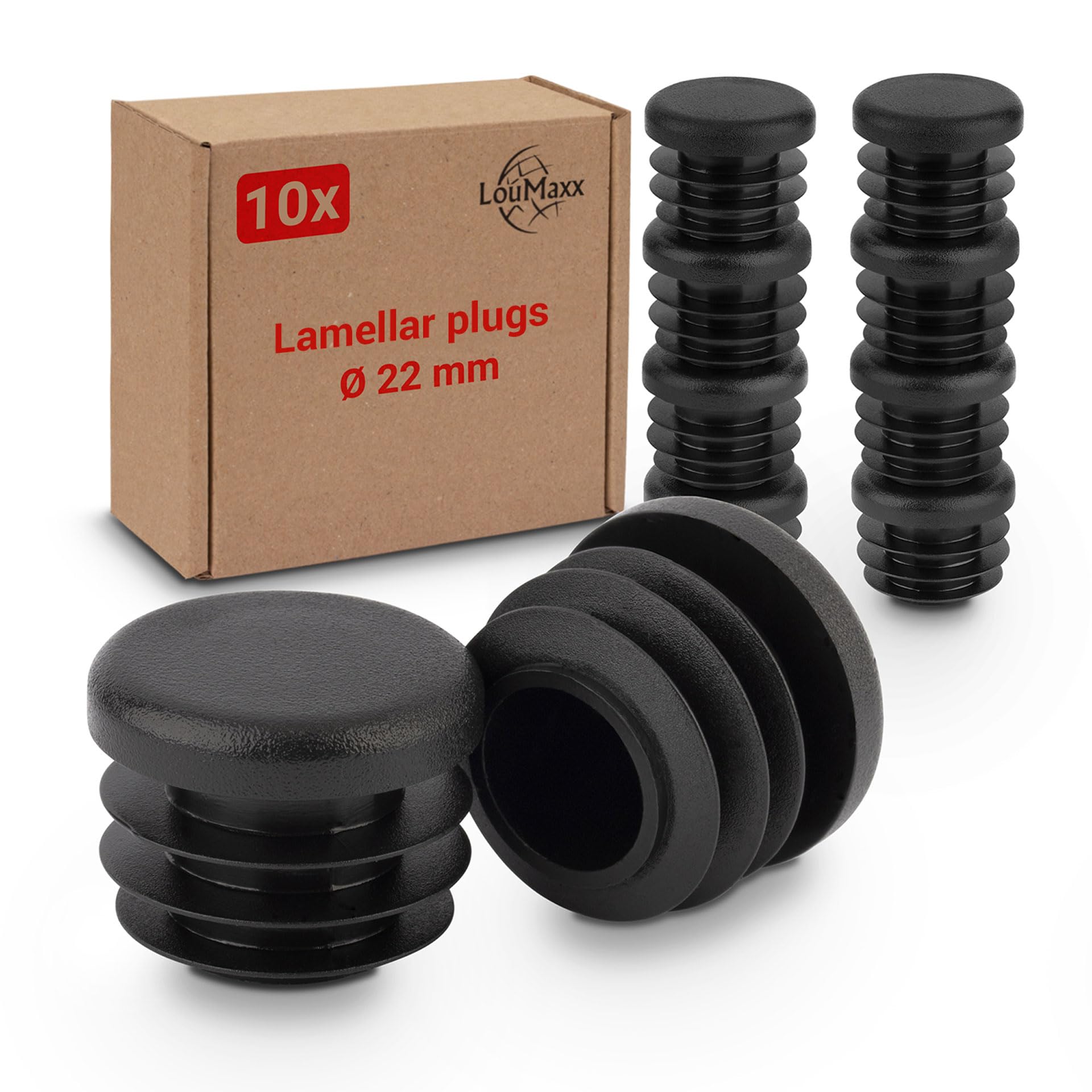 LouMaxx 22 mm Round Plugs, Set of 10 Robust Black Plastic End Caps for Pipes & Furniture Glides