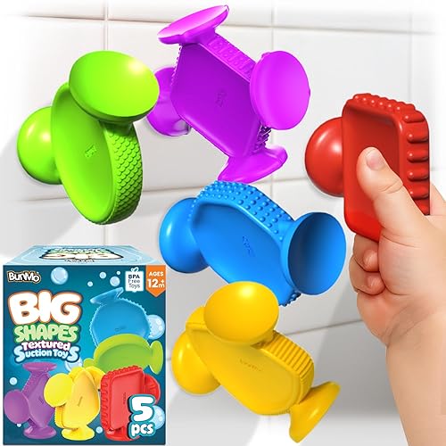 BUNMO Baby Easter Basket Stuffers - Bath Toys - Easter Basket Stuffers for Babies - Fine Motor Skills - Stimulating Sensory Toys - Non-Mouthable - Big Shapes Textured 5 Pack