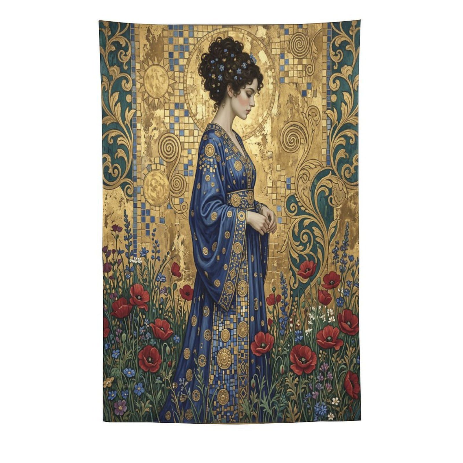 H3B8U2Y5 Floral Golden Mosaic Woman Wall Tapestry, Byzantine Inspired Art